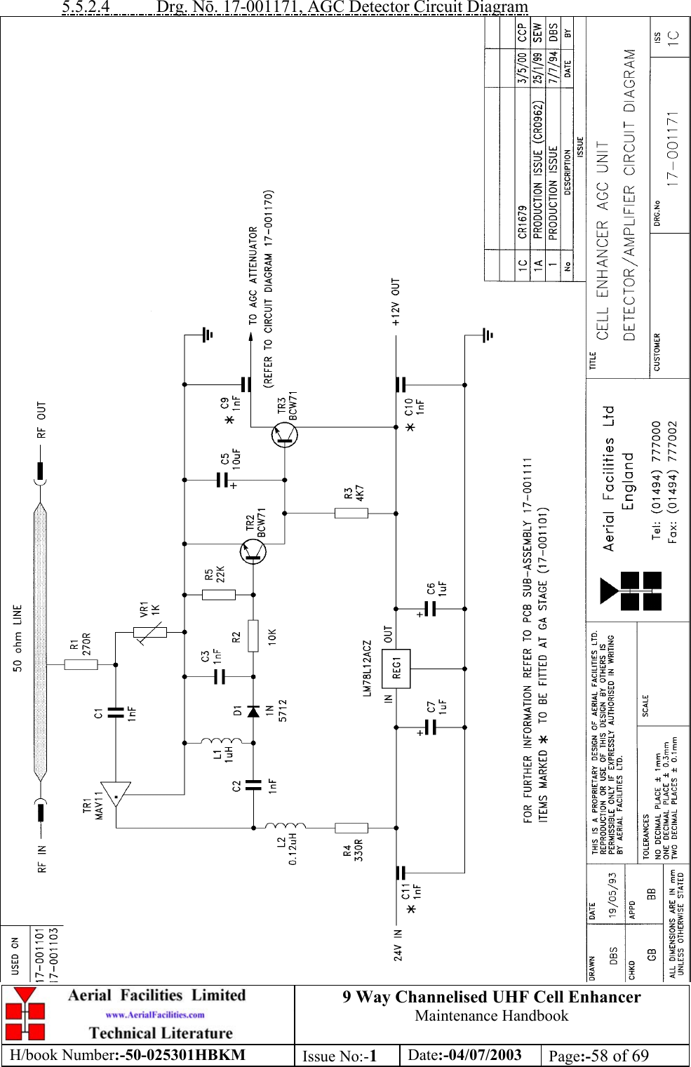 9 Way Channelised UHF Cell EnhancerMaintenance HandbookH/book Number:-50-025301HBKM Issue No:-1Date:-04/07/2003 Page:-58 of 695.5.2.4           Drg. N. 17-001171, AGC Detector Circuit Diagram