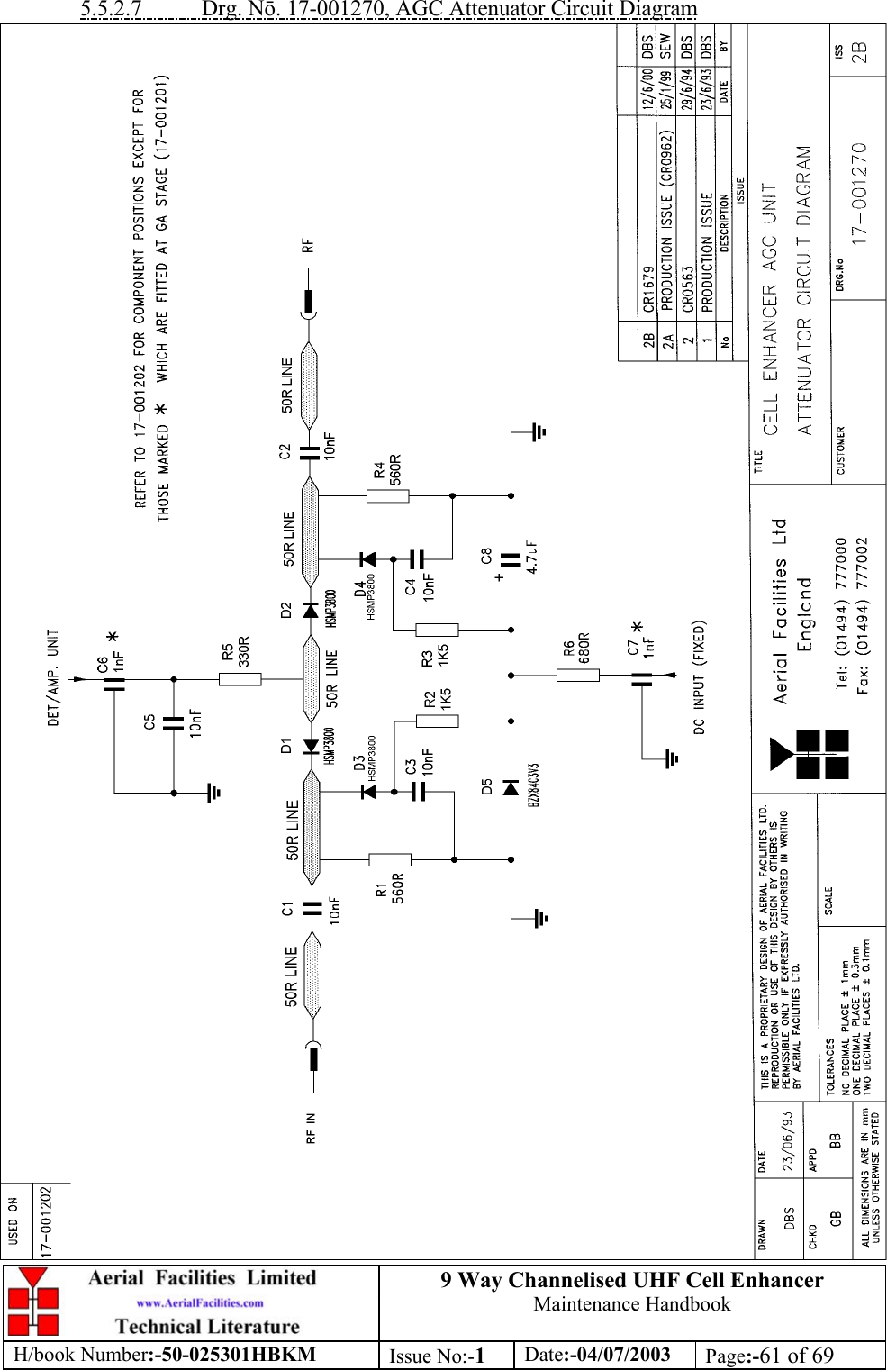 9 Way Channelised UHF Cell EnhancerMaintenance HandbookH/book Number:-50-025301HBKM Issue No:-1Date:-04/07/2003 Page:-61 of 695.5.2.7           Drg. N. 17-001270, AGC Attenuator Circuit Diagram