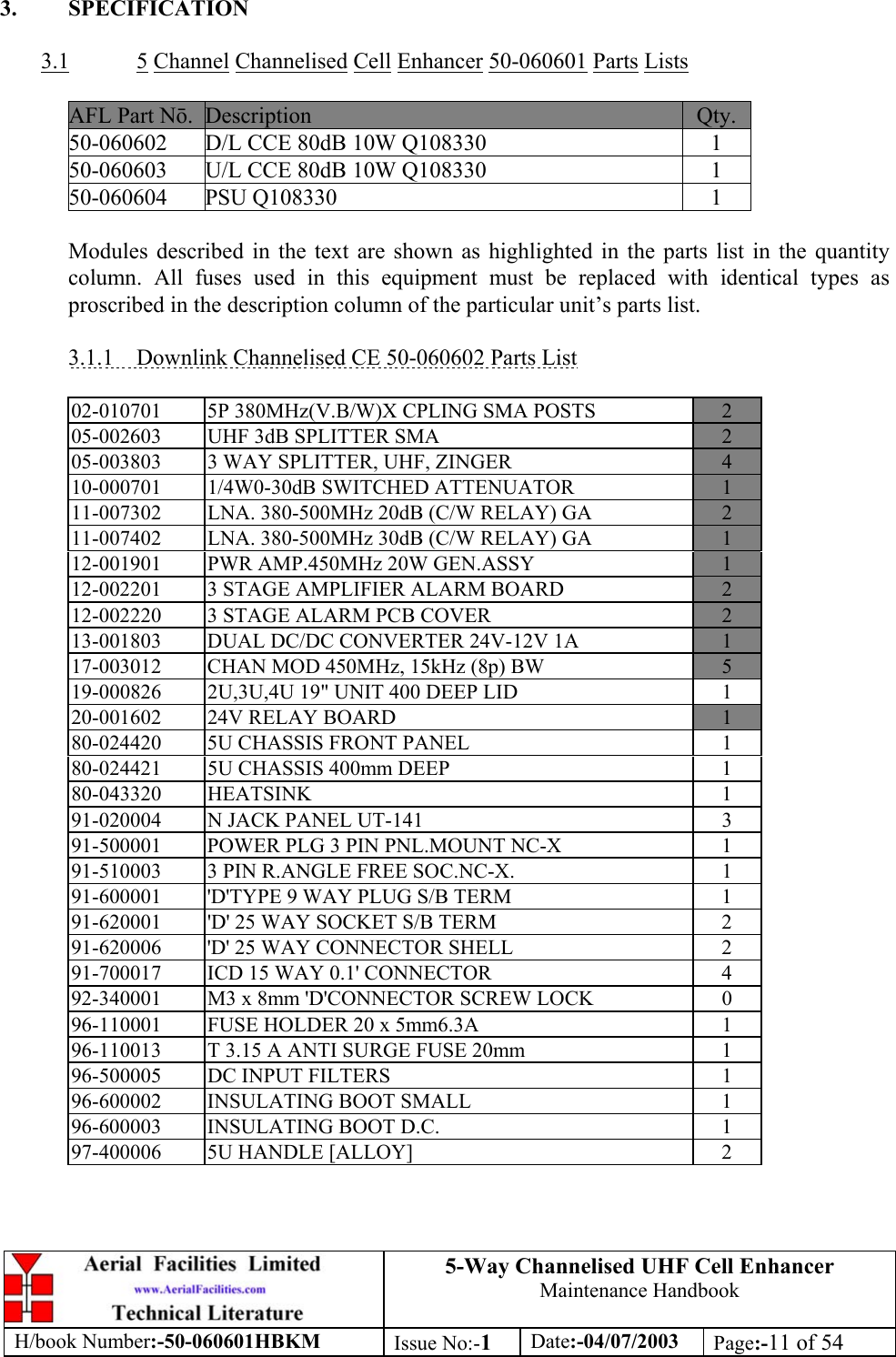 5-Way Channelised UHF Cell EnhancerMaintenance HandbookH/book Number:-50-060601HBKM Issue No:-1Date:-04/07/2003 Page:-11 of 543. SPECIFICATION3.1 5 Channel Channelised Cell Enhancer 50-060601 Parts ListsAFL Part N.Description Qty.50-060602 D/L CCE 80dB 10W Q108330 150-060603 U/L CCE 80dB 10W Q108330 150-060604 PSU Q108330 1Modules described in the text are shown as highlighted in the parts list in the quantitycolumn. All fuses used in this equipment must be replaced with identical types asproscribed in the description column of the particular unit’s parts list.3.1.1    Downlink Channelised CE 50-060602 Parts List02-010701 5P 380MHz(V.B/W)X CPLING SMA POSTS 205-002603 UHF 3dB SPLITTER SMA 205-003803 3 WAY SPLITTER, UHF, ZINGER 410-000701 1/4W0-30dB SWITCHED ATTENUATOR 111-007302 LNA. 380-500MHz 20dB (C/W RELAY) GA 211-007402 LNA. 380-500MHz 30dB (C/W RELAY) GA 112-001901 PWR AMP.450MHz 20W GEN.ASSY 112-002201 3 STAGE AMPLIFIER ALARM BOARD 212-002220 3 STAGE ALARM PCB COVER 213-001803 DUAL DC/DC CONVERTER 24V-12V 1A 117-003012 CHAN MOD 450MHz, 15kHz (8p) BW 519-000826 2U,3U,4U 19&quot; UNIT 400 DEEP LID 120-001602 24V RELAY BOARD 180-024420 5U CHASSIS FRONT PANEL 180-024421 5U CHASSIS 400mm DEEP 180-043320 HEATSINK 191-020004 N JACK PANEL UT-141 391-500001 POWER PLG 3 PIN PNL.MOUNT NC-X 191-510003 3 PIN R.ANGLE FREE SOC.NC-X. 191-600001 &apos;D&apos;TYPE 9 WAY PLUG S/B TERM 191-620001 &apos;D&apos; 25 WAY SOCKET S/B TERM 291-620006 &apos;D&apos; 25 WAY CONNECTOR SHELL 291-700017 ICD 15 WAY 0.1&apos; CONNECTOR 492-340001 M3 x 8mm &apos;D&apos;CONNECTOR SCREW LOCK 096-110001 FUSE HOLDER 20 x 5mm6.3A 196-110013 T 3.15 A ANTI SURGE FUSE 20mm 196-500005 DC INPUT FILTERS 196-600002 INSULATING BOOT SMALL 196-600003 INSULATING BOOT D.C. 197-400006 5U HANDLE [ALLOY] 2