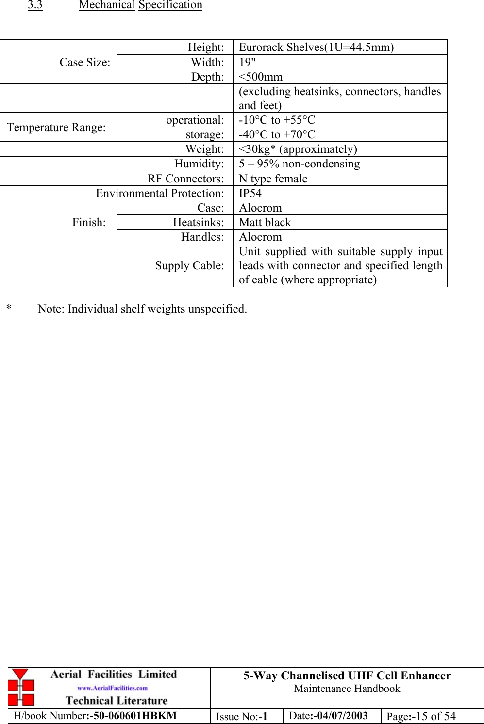 5-Way Channelised UHF Cell EnhancerMaintenance HandbookH/book Number:-50-060601HBKM Issue No:-1Date:-04/07/2003 Page:-15 of 543.3 Mechanical SpecificationHeight: Eurorack Shelves(1U=44.5mm)Width: 19&quot;Case Size:Depth: &lt;500mm(excluding heatsinks, connectors, handlesand feet)operational: -10°C to +55°CTemperature Range: storage: -40°C to +70°CWeight: &lt;30kg* (approximately)Humidity: 5 – 95% non-condensingRF Connectors: N type femaleEnvironmental Protection: IP54Case: AlocromHeatsinks: Matt blackFinish:Handles: AlocromSupply Cable:Unit supplied with suitable supply inputleads with connector and specified lengthof cable (where appropriate)* Note: Individual shelf weights unspecified.