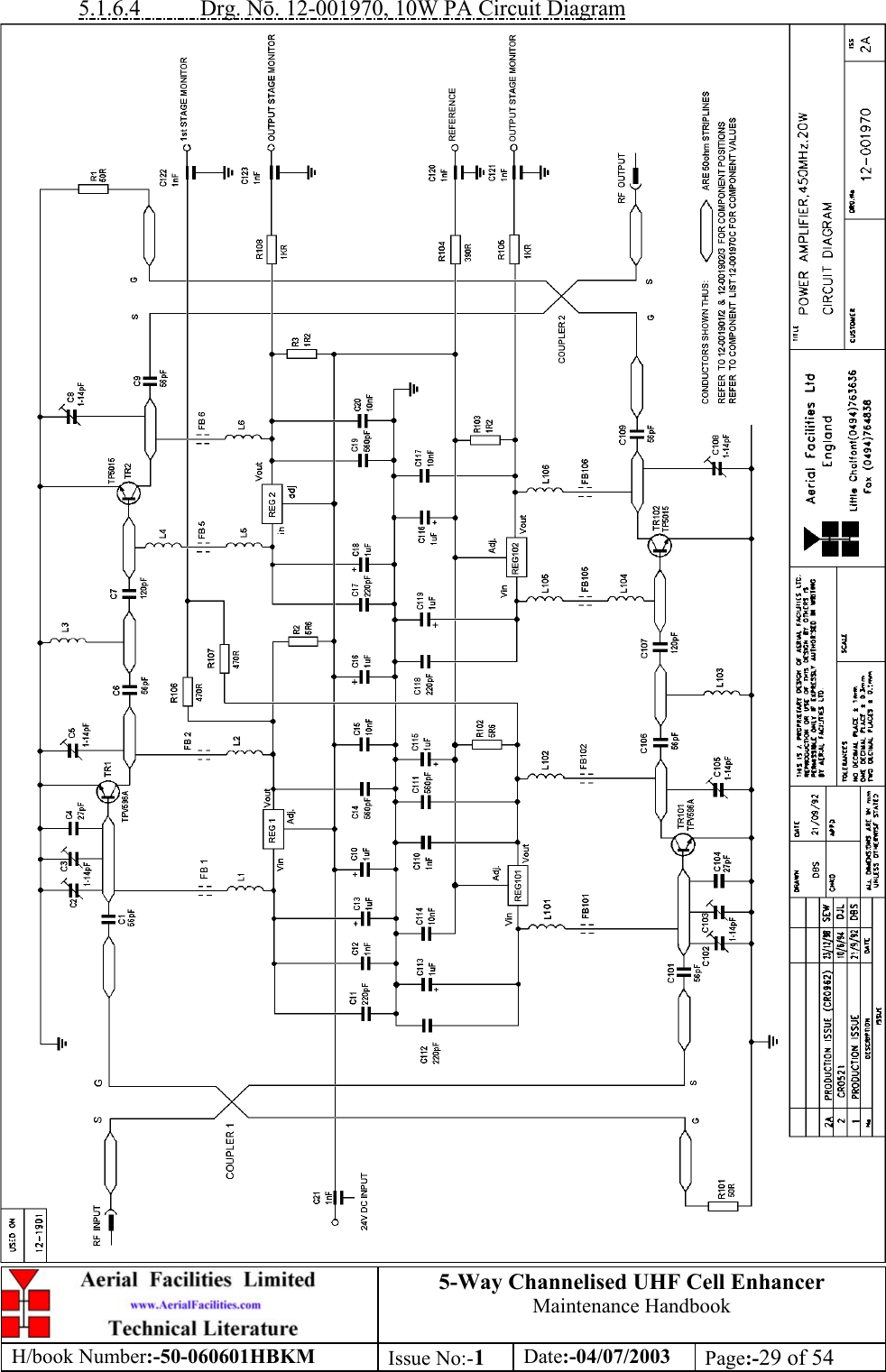 5-Way Channelised UHF Cell EnhancerMaintenance HandbookH/book Number:-50-060601HBKM Issue No:-1Date:-04/07/2003 Page:-29 of 545.1.6.4           Drg. N. 12-001970, 10W PA Circuit Diagram