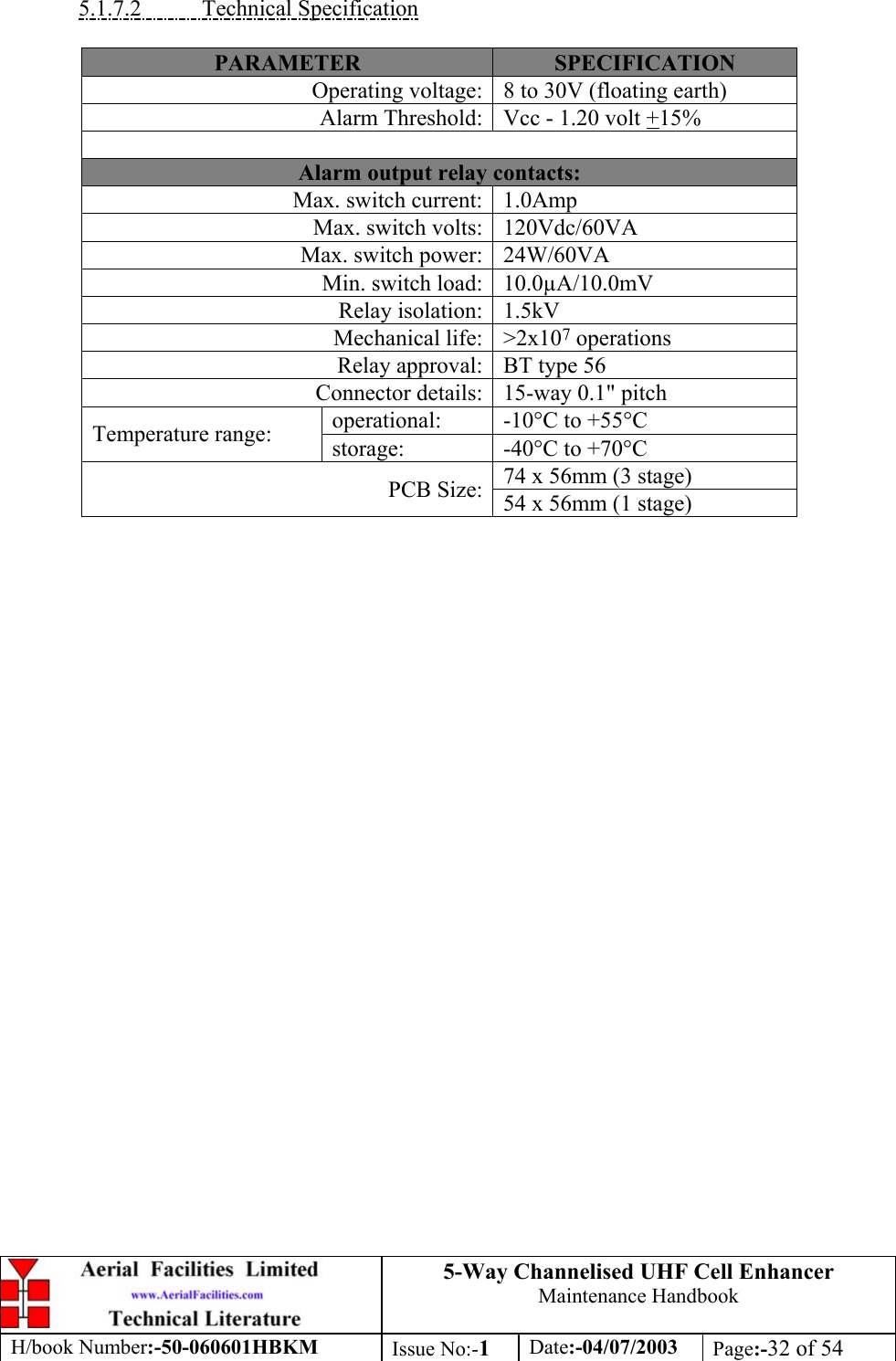 5-Way Channelised UHF Cell EnhancerMaintenance HandbookH/book Number:-50-060601HBKM Issue No:-1Date:-04/07/2003 Page:-32 of 545.1.7.2           Technical SpecificationPARAMETER SPECIFICATIONOperating voltage: 8 to 30V (floating earth)Alarm Threshold: Vcc - 1.20 volt +15%Alarm output relay contacts:Max. switch current: 1.0AmpMax. switch volts: 120Vdc/60VAMax. switch power: 24W/60VAMin. switch load: 10.0µA/10.0mVRelay isolation: 1.5kVMechanical life: &gt;2x107 operationsRelay approval: BT type 56Connector details: 15-way 0.1&quot; pitchoperational: -10°C to +55°CTemperature range: storage: -40°C to +70°C74 x 56mm (3 stage)PCB Size: 54 x 56mm (1 stage)