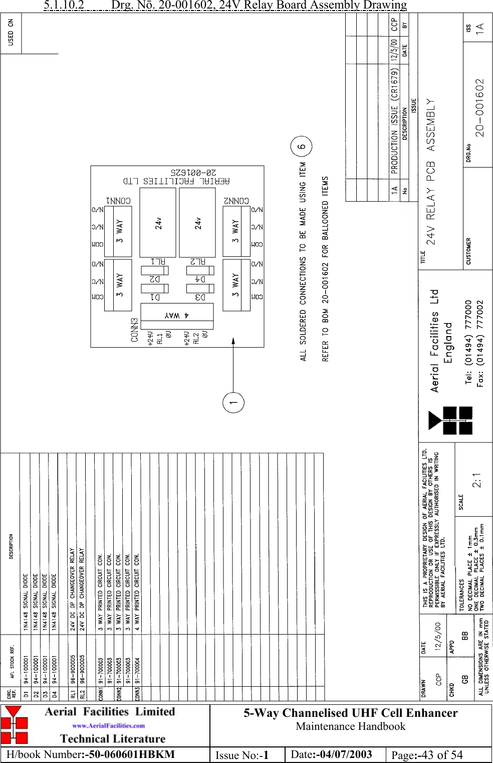 5-Way Channelised UHF Cell EnhancerMaintenance HandbookH/book Number:-50-060601HBKM Issue No:-1Date:-04/07/2003 Page:-43 of 545.1.10.2         Drg. N. 20-001602, 24V Relay Board Assembly Drawing