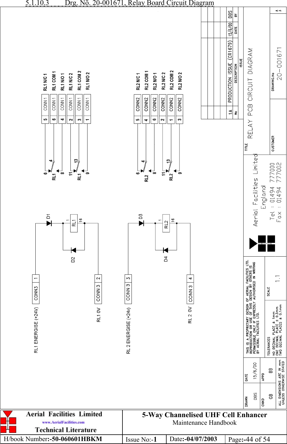 5-Way Channelised UHF Cell EnhancerMaintenance HandbookH/book Number:-50-060601HBKM Issue No:-1Date:-04/07/2003 Page:-44 of 545.1.10.3         Drg. N. 20-001671, Relay Board Circuit Diagram