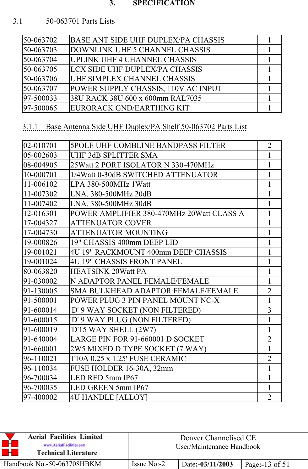 Denver Channelised CEUser/Maintenance HandbookHandbook Nō.-50-063708HBKM Issue No:-2 Date:-03/11/2003 Page:-13 of 513. SPECIFICATION3.1 50-063701 Parts Lists50-063702 BASE ANT SIDE UHF DUPLEX/PA CHASSIS 150-063703 DOWNLINK UHF 5 CHANNEL CHASSIS 150-063704 UPLINK UHF 4 CHANNEL CHASSIS 150-063705 LCX SIDE UHF DUPLEX/PA CHASSIS 150-063706 UHF SIMPLEX CHANNEL CHASSIS 150-063707 POWER SUPPLY CHASSIS, 110V AC INPUT 197-500033 38U RACK 38U 600 x 600mm RAL7035 197-500065 EURORACK GND/EARTHING KIT 13.1.1    Base Antenna Side UHF Duplex/PA Shelf 50-063702 Parts List02-010701 5POLE UHF COMBLINE BANDPASS FILTER 205-002603 UHF 3dB SPLITTER SMA 108-004905 25Watt 2 PORT ISOLATOR N 330-470MHz 110-000701 1/4Watt 0-30dB SWITCHED ATTENUATOR 111-006102 LPA 380-500MHz 1Watt 111-007302 LNA. 380-500MHz 20dB 111-007402 LNA. 380-500MHz 30dB 112-016301 POWER AMPLIFIER 380-470MHz 20Watt CLASS A 117-004327 ATTENUATOR COVER 117-004730 ATTENUATOR MOUNTING 119-000826 19&quot; CHASSIS 400mm DEEP LID 119-001021 4U 19&quot; RACKMOUNT 400mm DEEP CHASSIS 119-001024 4U 19&quot; CHASSIS FRONT PANEL 180-063820 HEATSINK 20Watt PA 191-030002 N ADAPTOR PANEL FEMALE/FEMALE 191-130005 SMA BULKHEAD ADAPTOR FEMALE/FEMALE 291-500001 POWER PLUG 3 PIN PANEL MOUNT NC-X 191-600014 &apos;D&apos; 9 WAY SOCKET (NON FILTERED) 391-600015 &apos;D&apos; 9 WAY PLUG (NON FILTERED) 191-600019 &apos;D&apos;15 WAY SHELL (2W7) 191-640004 LARGE PIN FOR 91-660001 D SOCKET 291-660001 2W5 MIXED D TYPE SOCKET (7 WAY) 196-110021 T10A 0.25 x 1.25&apos; FUSE CERAMIC 296-110034 FUSE HOLDER 16-30A, 32mm 196-700034 LED RED 5mm IP67 196-700035 LED GREEN 5mm IP67 197-400002 4U HANDLE [ALLOY] 2