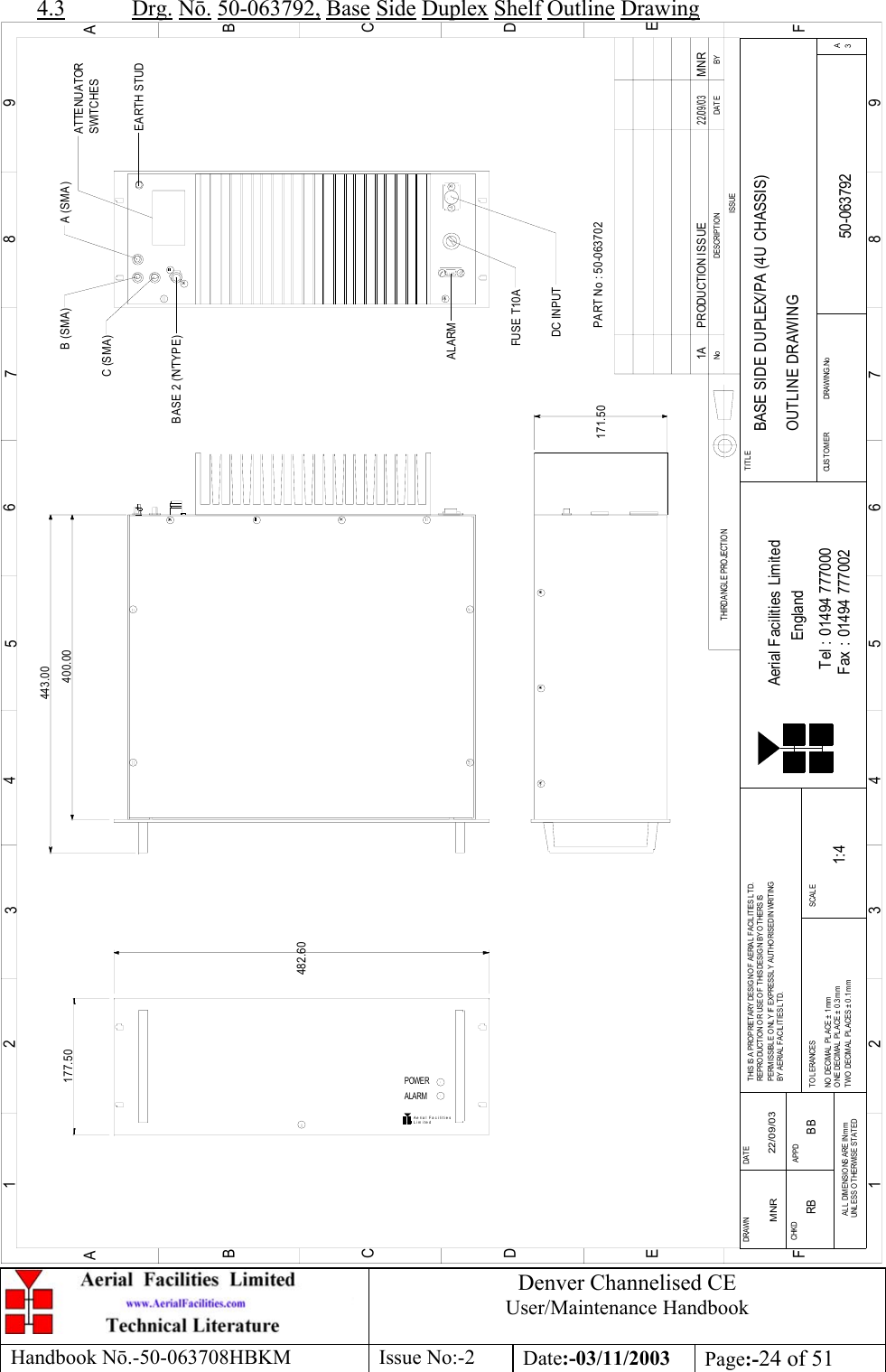 Denver Channelised CEUser/Maintenance HandbookHandbook Nō.-50-063708HBKM Issue No:-2 Date:-03/11/2003 Page:-24 of 514.3 Drg. Nō. 50-063792, Base Side Duplex Shelf Outline DrawingLim itedAe ria l Fa c i litie s177.50443.00400.00171.50482.60BYDAT EDES CRIP TIO NNoISSUETHIRD ANGL E PRO JECTION123456789ABCDEF1 23456789ABCDEFFax : 01494 777002Tel : 01494 777000Aerial Facilities LimitedTHIS IS A PROPRIETARY DESIGN OF AERIAL  FACILITIES L TD.REP RO DUCT IO N O R USE O F THIS DESIG N BY O THERS ISPERMISSIBLE O NL Y IF EXPRESSLY AUTHORISED IN WRITINGBY AERIAL  FACIL ITIES LTD.NO  DECIM AL  PL ACE  ±  1 mmONE DECIMAL  PL ACE ± 0.3mmTWO  DECIMAL  PL ACES ± 0.1mmAL L  DIMENSIO NS ARE IN m mUNL ESS OTHERWISE STATEDCHKDDRAWN        APPDDAT ET O L ERANCES SCALEEnglandCUST O MER                      DRAWING .NoTITLE3ABASE SIDE DUPLEX/PA (4U CHASSIS)OUTLINE DRAWING50-0637921:41AMNR 22/09/03PRODUCTION ISSUE22/09/03MNREARTH STUDATTENUATORSWITCHESA (SMA)B (SMA)C (SMA)BASE 2 (&apos;N&apos;TYPE)ALARMFUSE T10ADC INPUTPART No : 50-063702ALARMPOWERRB BB