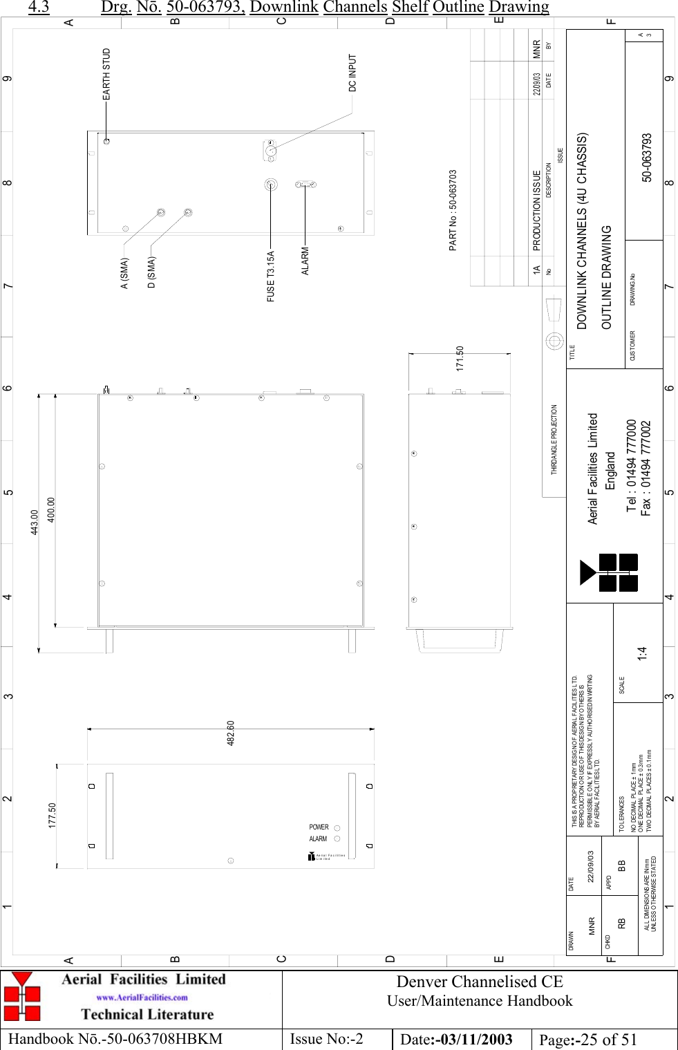 Denver Channelised CEUser/Maintenance HandbookHandbook Nō.-50-063708HBKM Issue No:-2 Date:-03/11/2003 Page:-25 of 514.3 Drg. Nō. 50-063793, Downlink Channels Shelf Outline DrawingLim itedAe ria l Fa c i litie s177.50443.00400.00171.50482.60BYDAT EDES CRIP TIO NNoISSUETHIRD ANGL E PRO JECTION123456789ABCDEF1 23456789ABCDEFFax : 01494 777002Tel : 01494 777000Aerial Facilities LimitedTHIS IS A PROPRIETARY DESIGN OF AERIAL  FACILITIES L TD.REP RO DUCT IO N O R USE O F THIS DESIG N BY O THERS ISPERMISSIBLE O NL Y IF EXPRESSLY AUTHORISED IN WRITINGBY AERIAL  FACIL ITIES LTD.NO  DECIM AL  PL ACE  ±  1 mmONE DECIMAL  PL ACE ± 0.3mmTWO  DECIMAL  PL ACES ± 0.1mmAL L  DIMENSIO NS ARE IN m mUNL ESS OTHERWISE STATEDCHKDDRAWN        APPDDAT ET O L ERANCES SCALEEnglandCUST O MER                      DRAWING .NoTITLE3ADOWNLINK CHANNELS (4U CHASSIS)OUTLINE DRAWING50-0637931:41AMNR 22/09/03PRODUCTION ISSUE22/09/03MNREARTH STUDA (SMA)D (SMA)ALARMFUSE T3.15ADC INPUTALARMPOWERPART No : 50-063703RB BB