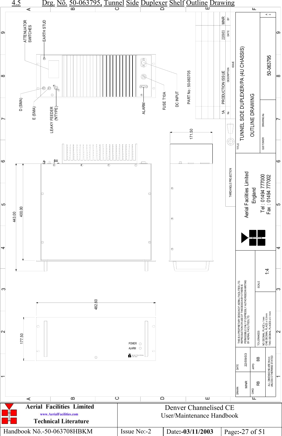 Denver Channelised CEUser/Maintenance HandbookHandbook Nō.-50-063708HBKM Issue No:-2 Date:-03/11/2003 Page:-27 of 514.5 Drg. Nō. 50-063795, Tunnel Side Duplexer Shelf Outline DrawingLim itedAe ria l Fa c i litie s177.50443.00400.00171.50482.60BYDAT EDES CRIP TIO NNoISSUETHIRD ANGL E PRO JECTION123456789ABCDEF1 23456789ABCDEFFax : 01494 777002Tel : 01494 777000Aerial Facilities LimitedTHIS IS A PROPRIETARY DESIGN OF AERIAL  FACILITIES L TD.REP RO DUCT IO N O R USE O F THIS DESIG N BY O THERS ISPERMISSIBLE O NL Y IF EXPRESSLY AUTHORISED IN WRITINGBY AERIAL  FACIL ITIES LTD.NO  DECIM AL  PL ACE  ±  1 mmONE DECIMAL  PL ACE ± 0.3mmTWO  DECIMAL  PL ACES ± 0.1mmAL L  DIMENSIO NS ARE IN m mUNL ESS OTHERWISE STATEDCHKDDRAWN        APPDDAT ET O L ERANCES SCALEEnglandCUST O MER                      DRAWING .NoTITLE3ATUNNEL SIDE DUPLEXER/PA (4U CHASSIS)OUTLINE DRAWING50-0637951:41AMNR 22/09/03PRODUCTION ISSUE22/09/03MNREARTH STUDATTENUATORSWITCHESD (SMA)E (SMA)LEAKY FEEDER(&apos;N&apos;TYPE)ALARMFUSE T10ADC INPUTALARMPOWERPART No : 50-063705RB BB