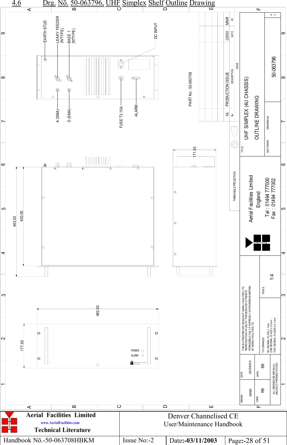 Denver Channelised CEUser/Maintenance HandbookHandbook Nō.-50-063708HBKM Issue No:-2 Date:-03/11/2003 Page:-28 of 514.6 Drg. Nō. 50-063796, UHF Simplex Shelf Outline DrawingLim itedAe ria l Fa c i litie s177.50443.00400.00171.50482.60BYDAT EDES CRIP TIO NNoISSUETHIRD ANGL E PRO JECTION123456789ABCDEF1 23456789ABCDEFFax : 01494 777002Tel : 01494 777000Aerial Facilities LimitedTHIS IS A PROPRIETARY DESIGN OF AERIAL  FACILITIES L TD.REP RO DUCT IO N O R USE O F THIS DESIG N BY O THERS ISPERMISSIBLE O NL Y IF EXPRESSLY AUTHORISED IN WRITINGBY AERIAL  FACIL ITIES LTD.NO  DECIM AL  PL ACE  ±  1 mmONE DECIMAL  PL ACE ± 0.3mmTWO  DECIMAL  PL ACES ± 0.1mmAL L  DIMENSIO NS ARE IN m mUNL ESS OTHERWISE STATEDCHKDDRAWN        APPDDAT ET O L ERANCES SCALEEnglandCUST O MER                      DRAWING .NoTITLE3AUHF SIMPLEX (4U CHASSIS)OUTLINE DRAWING50-0637961:41AMNR 22/09/03PRODUCTION ISSUE22/09/03MNREARTH STUDA (SMA)D (SMA)ALARMFUSE T3.15ADC INPUTLEAKY FEEDER(&apos;N&apos;TY PE)BASE 1(&apos;N&apos;TYPE)ALARMPOWERPART No : 50-063706RB BB