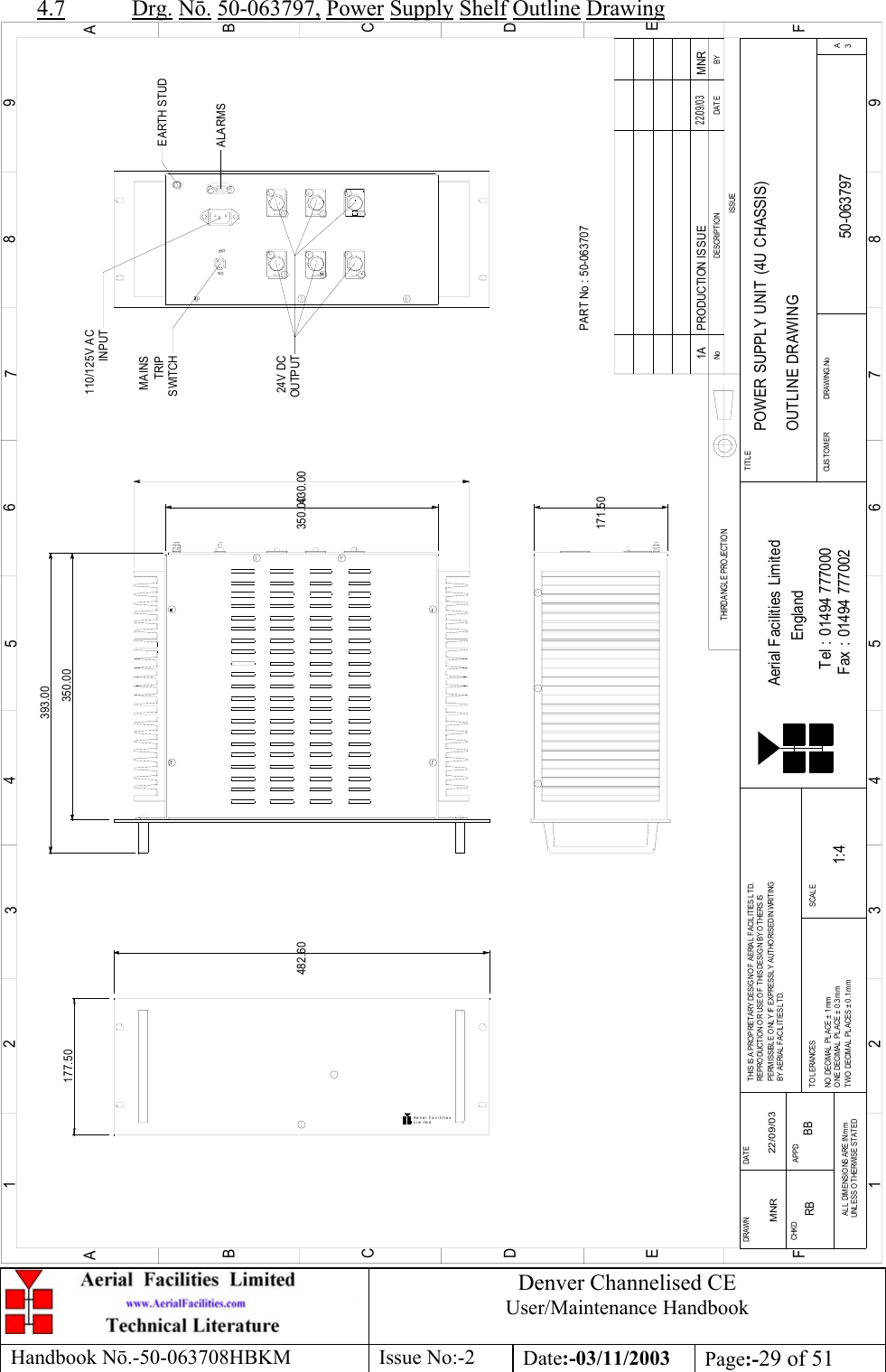 Denver Channelised CEUser/Maintenance HandbookHandbook Nō.-50-063708HBKM Issue No:-2 Date:-03/11/2003 Page:-29 of 514.7 Drg. Nō. 50-063797, Power Supply Shelf Outline DrawingLim itedAe ria l Fa c i litie s177.50393.00350.00350.00171.50482.60BYDAT EDES CRIP TIO NNoISSUETHIRD ANGL E PRO JECTION123456789ABCDEF1 23456789ABCDEFFax : 01494 777002Tel : 01494 777000Aerial Facilities LimitedTHIS IS A PROPRIETARY DESIGN OF AERIAL  FACILITIES L TD.REP RO DUCT IO N O R USE O F THIS DESIG N BY O THERS ISPERMISSIBLE O NL Y IF EXPRESSLY AUTHORISED IN WRITINGBY AERIAL  FACIL ITIES LTD.NO  DECIM AL  PL ACE  ±  1 mmONE DECIMAL  PL ACE ± 0.3mmTWO  DECIMAL  PL ACES ± 0.1mmAL L  DIMENSIO NS ARE IN m mUNL ESS OTHERWISE STATEDCHKDDRAWN        APPDDAT ET O L ERANCES SCALEEnglandCUST O MER                      DRAWING .NoTITLE3APOWER SUPPLY UNIT (4U CHASSIS)OUTLINE DRAWING50-0637971:41AMNR 22/09/03PRODUCTION ISSUE MNR22/09/03ONOFF430.00MAINSTRIPSWITCH110/125V ACINPUTEARTH STUDALARMS24V DCOUTP UTPART No : 50-063707RB BB