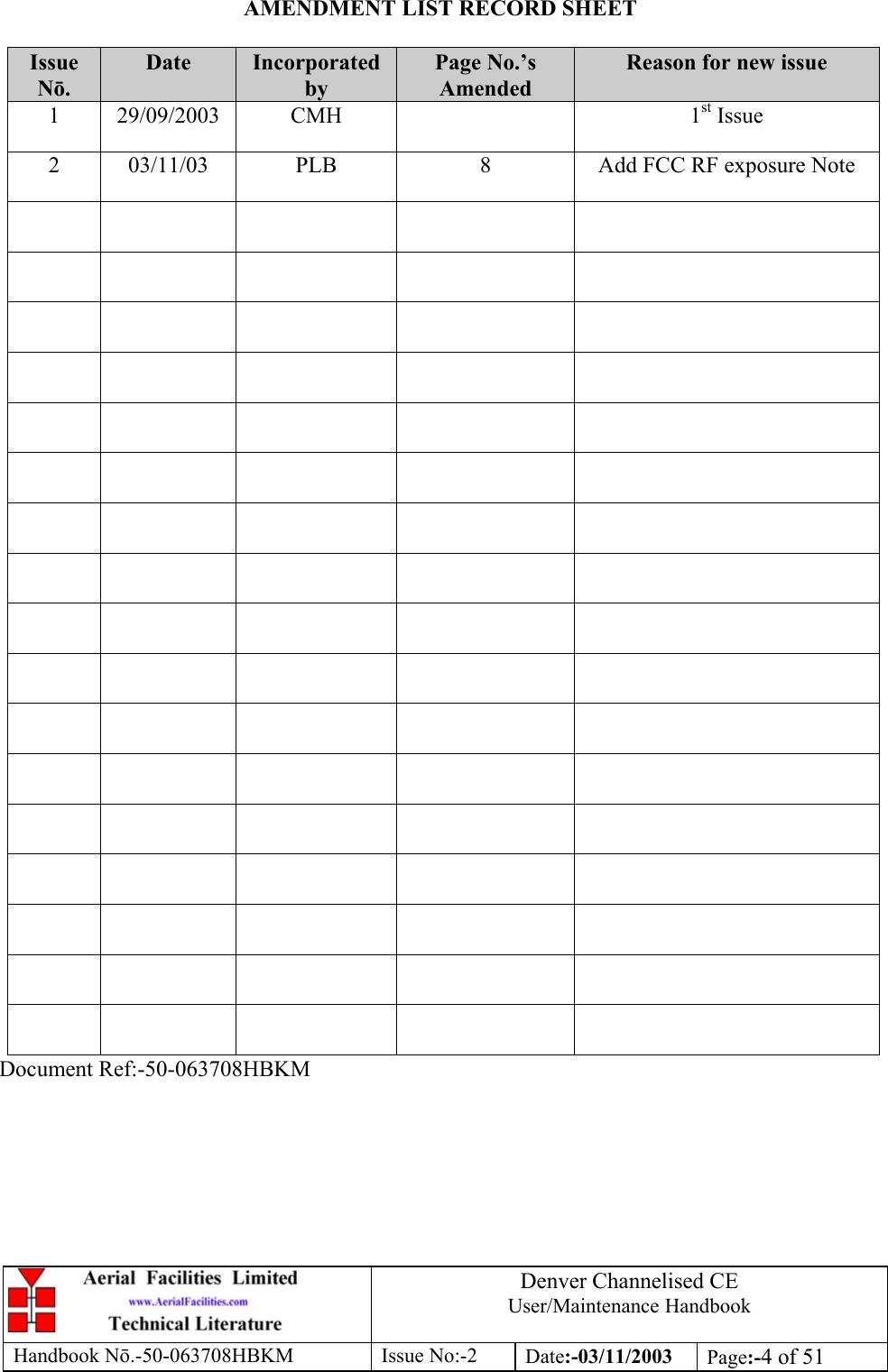 Denver Channelised CEUser/Maintenance HandbookHandbook Nō.-50-063708HBKM Issue No:-2 Date:-03/11/2003 Page:-4 of 51AMENDMENT LIST RECORD SHEETIssueNō.Date IncorporatedbyPage No.’sAmendedReason for new issue1 29/09/2003 CMH 1st Issue2 03/11/03 PLB 8 Add FCC RF exposure NoteDocument Ref:-50-063708HBKM