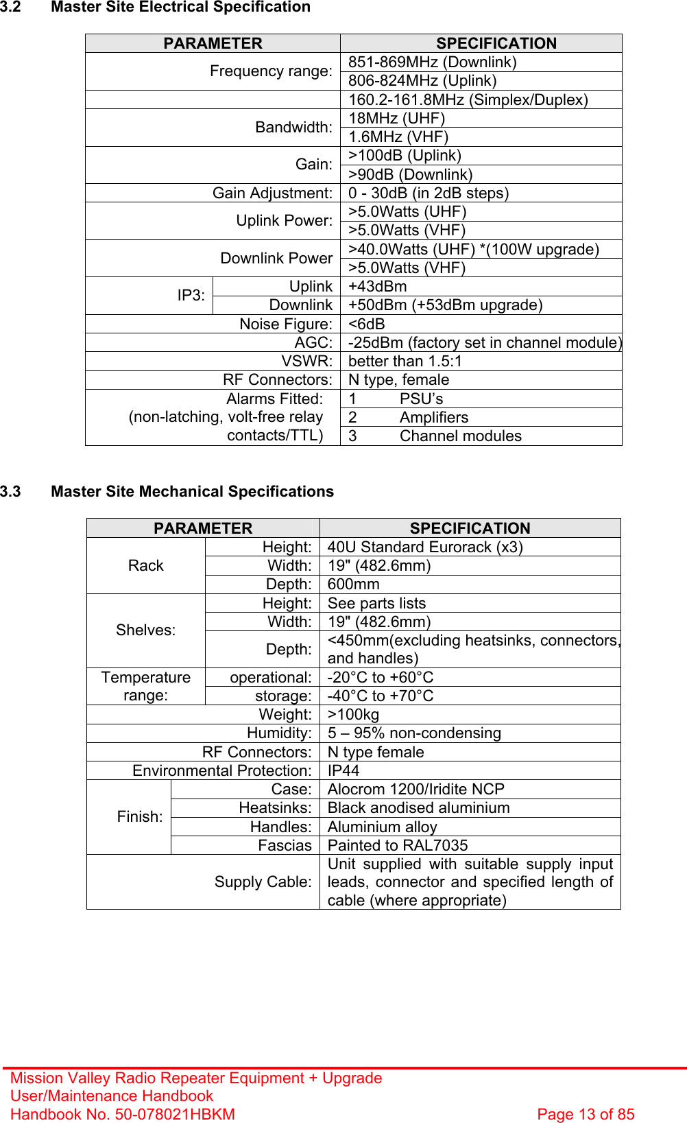 Mission Valley Radio Repeater Equipment + Upgrade User/Maintenance Handbook Handbook No. 50-078021HBKM  Page 13 of 85   3.2  Master Site Electrical Specification  PARAMETER  SPECIFICATION 851-869MHz (Downlink) Frequency range: 806-824MHz (Uplink) 160.2-161.8MHz (Simplex/Duplex) 18MHz (UHF) Bandwidth: 1.6MHz (VHF) &gt;100dB (Uplink) Gain: &gt;90dB (Downlink) Gain Adjustment: 0 - 30dB (in 2dB steps) &gt;5.0Watts (UHF) Uplink Power: &gt;5.0Watts (VHF) &gt;40.0Watts (UHF) *(100W upgrade) Downlink Power &gt;5.0Watts (VHF) Uplink +43dBm IP3:   Downlink +50dBm (+53dBm upgrade) Noise Figure: &lt;6dB AGC: -25dBm (factory set in channel module)VSWR: better than 1.5:1 RF Connectors: N type, female 1 PSU’s 2 Amplifiers Alarms Fitted: (non-latching, volt-free relay contacts/TTL)  3 Channel modules   3.3  Master Site Mechanical Specifications  PARAMETER  SPECIFICATION Height: 40U Standard Eurorack (x3) Width: 19&quot; (482.6mm) Rack Depth: 600mm Height: See parts lists Width: 19&quot; (482.6mm) Shelves: Depth: &lt;450mm(excluding heatsinks, connectors,and handles) operational: -20°C to +60°C Temperature range:  storage: -40°C to +70°C Weight: &gt;100kg Humidity: 5 – 95% non-condensing RF Connectors: N type female Environmental Protection: IP44 Case: Alocrom 1200/Iridite NCP Heatsinks: Black anodised aluminium Handles: Aluminium alloy Finish: Fascias Painted to RAL7035 Supply Cable:Unit supplied with suitable supply input leads, connector and specified length of cable (where appropriate)   