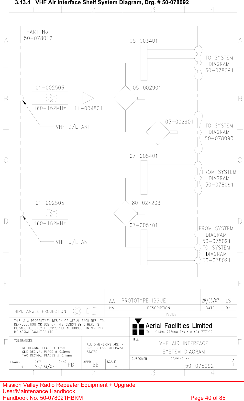 Mission Valley Radio Repeater Equipment + Upgrade User/Maintenance Handbook Handbook No. 50-078021HBKM  Page 40 of 85   3.13.4  VHF Air Interface Shelf System Diagram, Drg. # 50-078092                                      