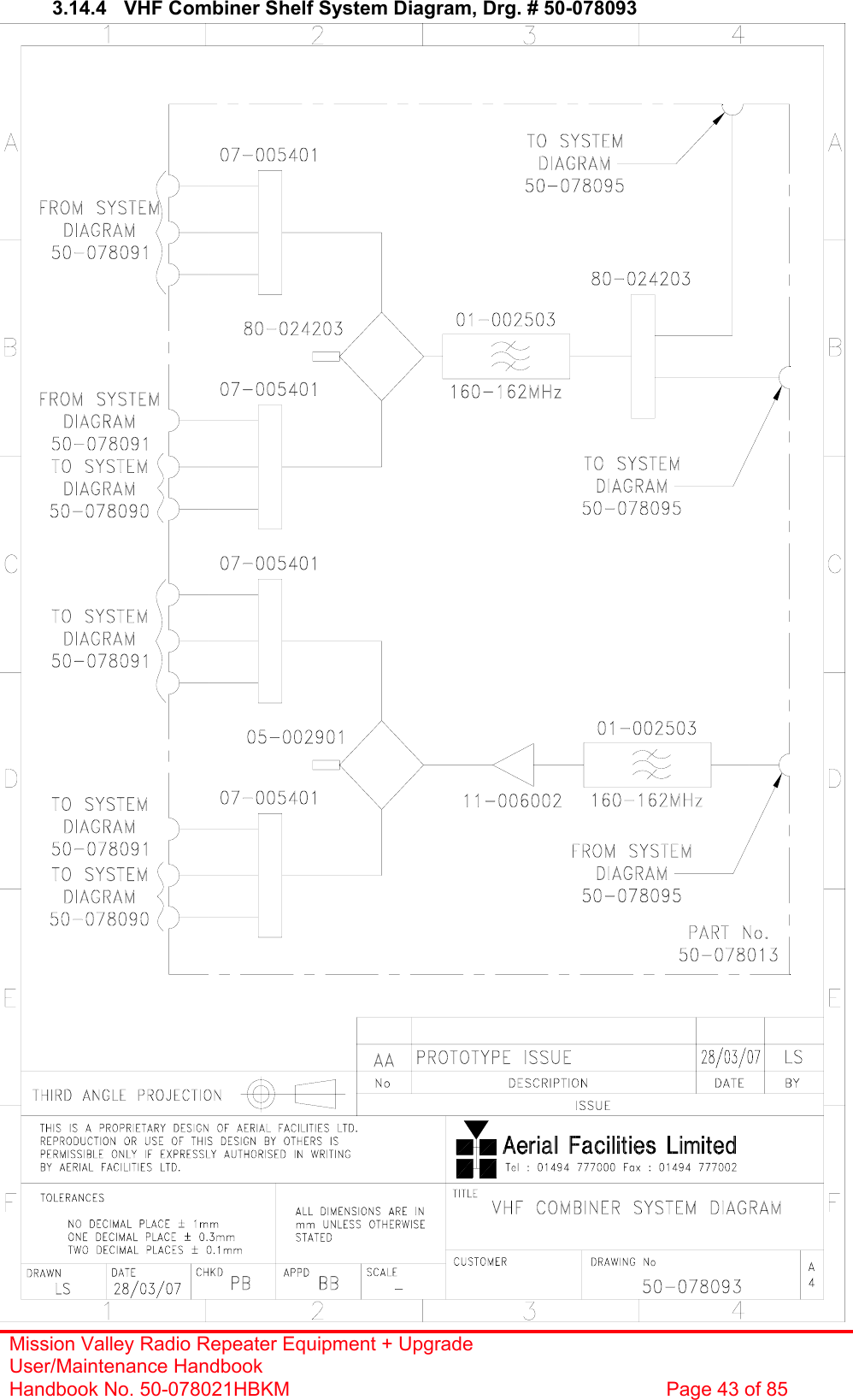Mission Valley Radio Repeater Equipment + Upgrade User/Maintenance Handbook Handbook No. 50-078021HBKM  Page 43 of 85   3.14.4  VHF Combiner Shelf System Diagram, Drg. # 50-078093  