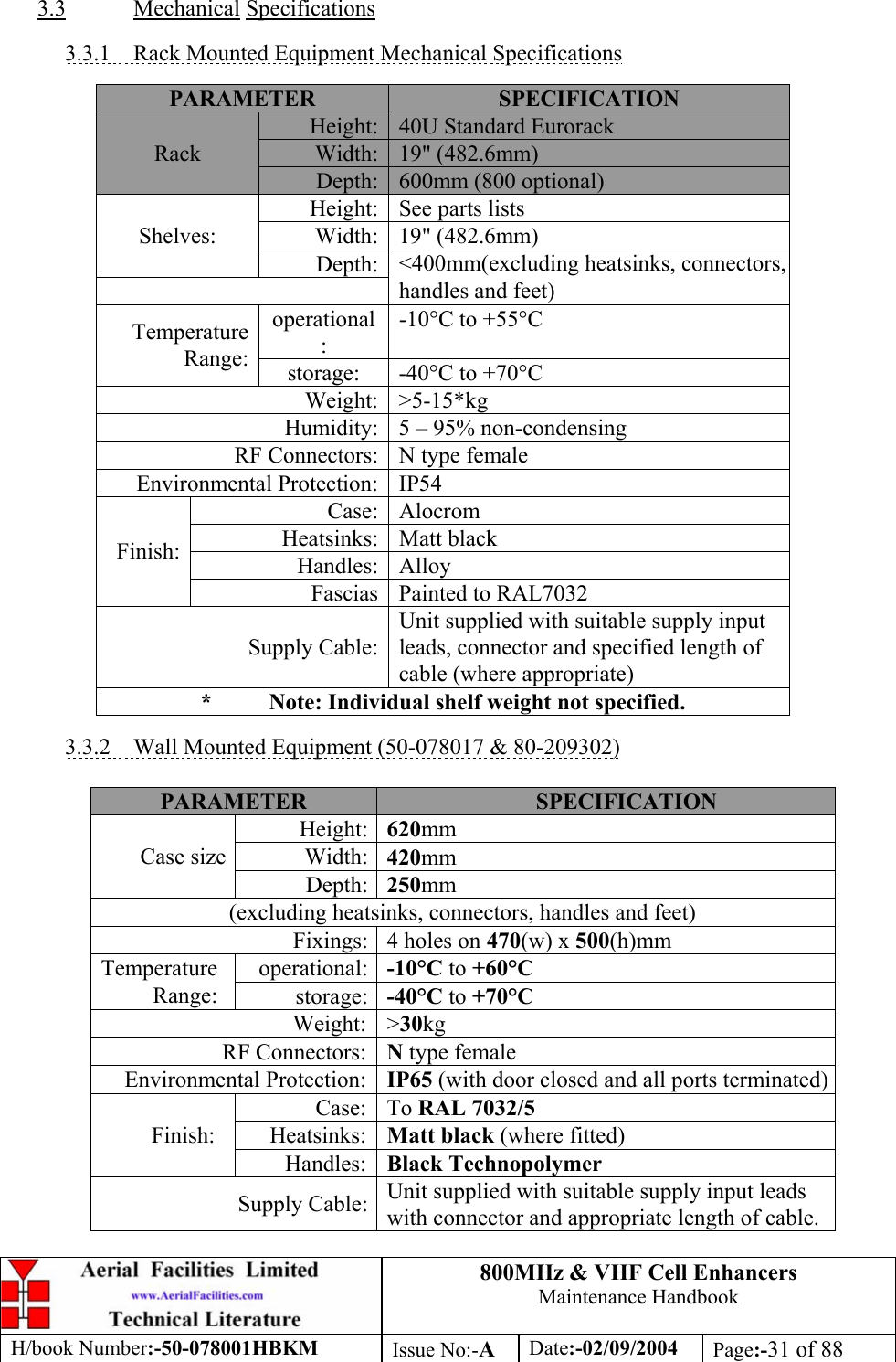 800MHz &amp; VHF Cell Enhancers Maintenance Handbook H/book Number:-50-078001HBKM Issue No:-A Date:-02/09/2004 Page:-31 of 88   3.3 Mechanical Specifications  3.3.1  Rack Mounted Equipment Mechanical Specifications  PARAMETER  SPECIFICATION Height:  40U Standard Eurorack Width:  19&quot; (482.6mm) Rack Depth:  600mm (800 optional) Height:  See parts lists Width: 19&quot; (482.6mm) Shelves: Depth:  &lt;400mm(excluding heatsinks, connectors, handles and feet) operational: -10°C to +55°C Temperature Range:  storage:  -40°C to +70°C Weight: &gt;5-15*kg Humidity:  5 – 95% non-condensing RF Connectors:  N type female Environmental Protection:  IP54 Case: Alocrom Heatsinks: Matt black Handles: Alloy Finish: Fascias  Painted to RAL7032 Supply Cable: Unit supplied with suitable supply input leads, connector and specified length of cable (where appropriate) *  Note: Individual shelf weight not specified.  3.3.2  Wall Mounted Equipment (50-078017 &amp; 80-209302)  PARAMETER  SPECIFICATION Height:  620mm Width:  420mm Case size Depth:  250mm (excluding heatsinks, connectors, handles and feet) Fixings:  4 holes on 470(w) x 500(h)mm operational:  -10°C to +60°C Temperature Range:  storage:  -40°C to +70°C Weight:  &gt;30kg RF Connectors:  N type female Environmental Protection:  IP65 (with door closed and all ports terminated) Case:  To RAL 7032/5 Heatsinks:  Matt black (where fitted) Finish: Handles:  Black Technopolymer Supply Cable:  Unit supplied with suitable supply input leads with connector and appropriate length of cable. 