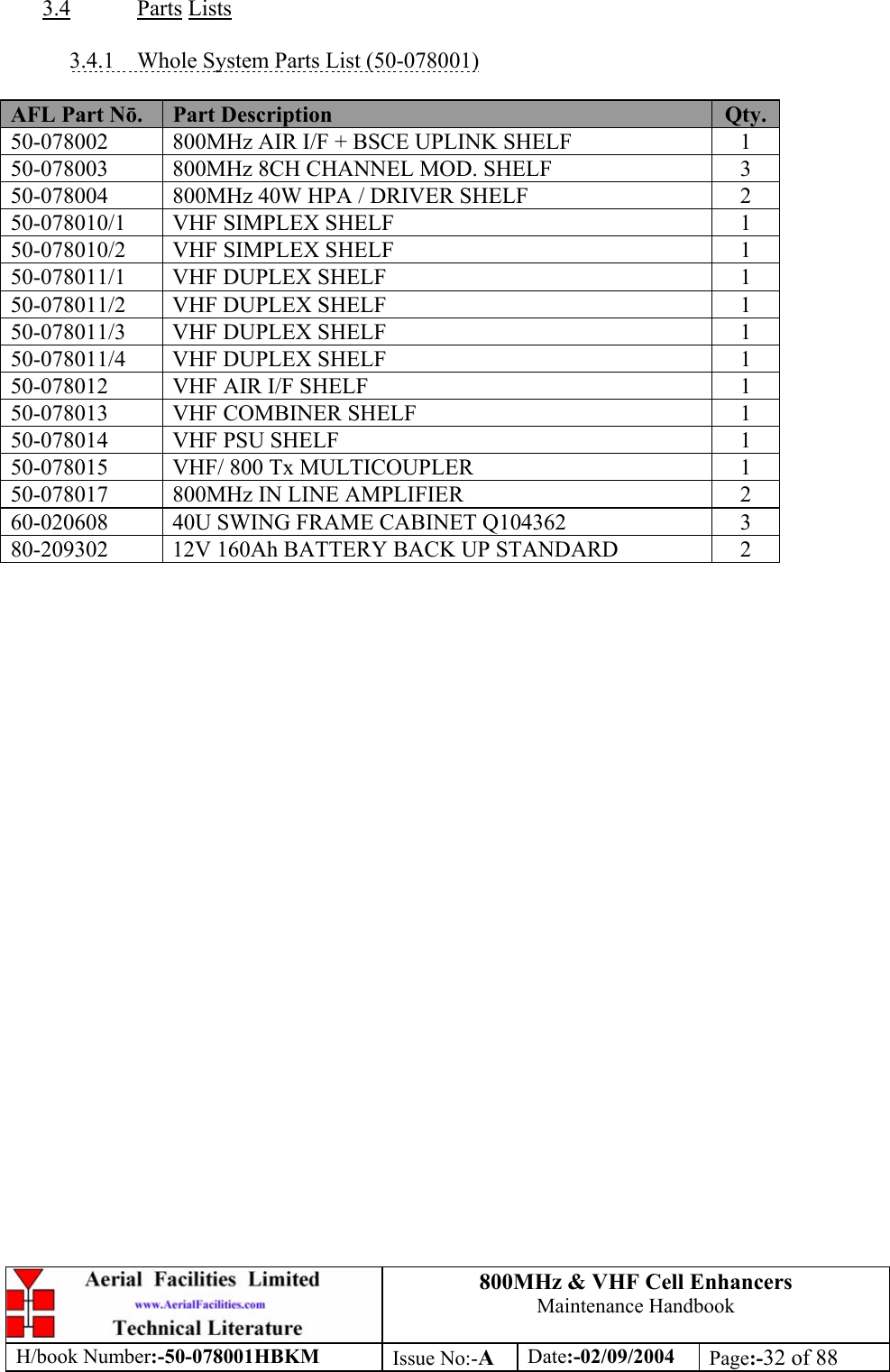 800MHz &amp; VHF Cell Enhancers Maintenance Handbook H/book Number:-50-078001HBKM Issue No:-A Date:-02/09/2004 Page:-32 of 88  3.4 Parts Lists  3.4.1  Whole System Parts List (50-078001)   AFL Part Nō.  Part Description  Qty. 50-078002  800MHz AIR I/F + BSCE UPLINK SHELF  1 50-078003  800MHz 8CH CHANNEL MOD. SHELF  3 50-078004  800MHz 40W HPA / DRIVER SHELF  2 50-078010/1  VHF SIMPLEX SHELF  1 50-078010/2  VHF SIMPLEX SHELF  1 50-078011/1  VHF DUPLEX SHELF  1 50-078011/2  VHF DUPLEX SHELF  1 50-078011/3  VHF DUPLEX SHELF  1 50-078011/4  VHF DUPLEX SHELF  1 50-078012  VHF AIR I/F SHELF  1 50-078013  VHF COMBINER SHELF  1 50-078014  VHF PSU SHELF  1 50-078015  VHF/ 800 Tx MULTICOUPLER  1 50-078017  800MHz IN LINE AMPLIFIER  2 60-020608  40U SWING FRAME CABINET Q104362  3 80-209302  12V 160Ah BATTERY BACK UP STANDARD  2  