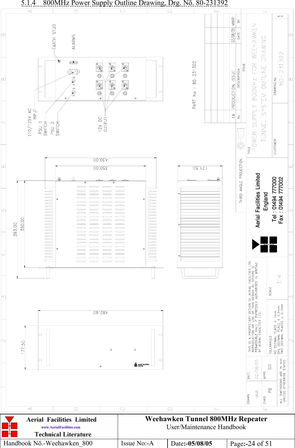 Weehawken Tunnel 800MHz Repeater User/Maintenance Handbook Handbook N.-Weehawken_800 Issue No:-A Date:-05/08/05  Page:-24 of 51  5.1.4  800MHz Power Supply Outline Drawing, Drg. N. 80-231392  