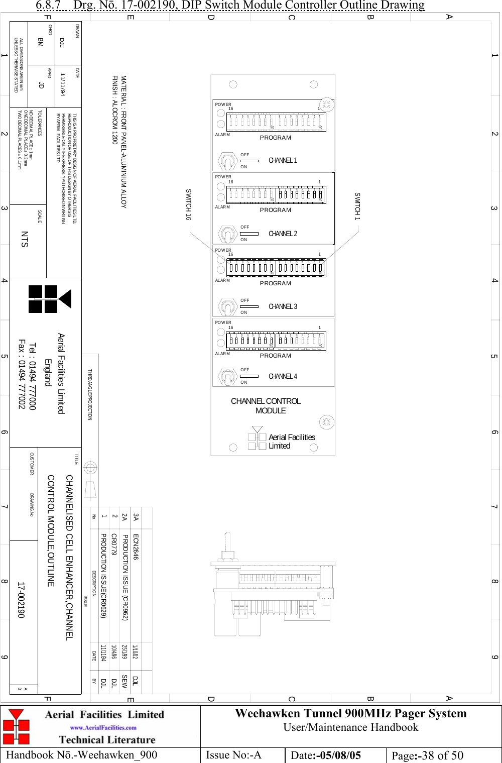 Weehawken Tunnel 900MHz Pager System User/Maintenance Handbook Handbook N.-Weehawken_900 Issue No:-A Date:-05/08/05  Page:-38 of 50  6.8.7 Drg. N. 17-002190, DIP Switch Module Controller Outline Drawing BYDATEDESCRIPTIONNoISSUETHIRD ANGL E PROJECTION123456789ABCDEF1 23456789ABCDEFFax : 01494 777002Tel : 01494 777000Aerial Facilities LimitedTHIS IS A PROPRIETARY DESIGN OF AERIAL FACILITIES LTD.REPRODUCTION OR USE OF THIS DESIGN BY OTHERS ISPERMISSIBLE ONLY IF EXPRESSLY AUTHORISED IN WRITINGBY AERIAL FACILITIES LTD.NO DECIMAL  PLACE ± 1 mmO NE DECIMAL  PL ACE ±  0.3 mmTWO DECIMAL PL ACES ± 0.1mmAL L DIMENSIO NS ARE IN mmUNLESS OTHERWISE STATEDCHKDDRAWN        APPDDATET O L ERANCES SCALEEnglandCUSTO MER                      DRAWING.NoTITLE3ACHANNELISED CELL ENHANCER,CHANNELCONTROL MODULE,OUTLINE17-002190NTSDJL 11/11/94CHANNEL 4PROGRAMPROGRAMCHANNEL 2CHANNEL 1PROGRAMCHANNEL 3PROGRAMOFFPO W ERAL AR M78ONPO W ERAL AR MOFFONPO W ERONOFFAL AR MPO W EROFFONAL AR MON.654312LimitedMODULECHANNEL CONTROLAerial FacilitiesFINISH : ALOCROM 1200MATERIAL : FRONT PANEL-ALUMINIUM ALLOYBM JDDJL11/11/94PRODUCTION ISSUE(CR0629)122A PRODUCTION ISSUE (CR0962)CR077910/4/96DJLSEW25/1/99ON.8756342116 18ON.7654321ON.8756342116 18ON.7654321ON.8756342116 18ON.7654321ON.8756342116 1SWITCH 1SWITCH 163A1/10/02DJLECN2646 