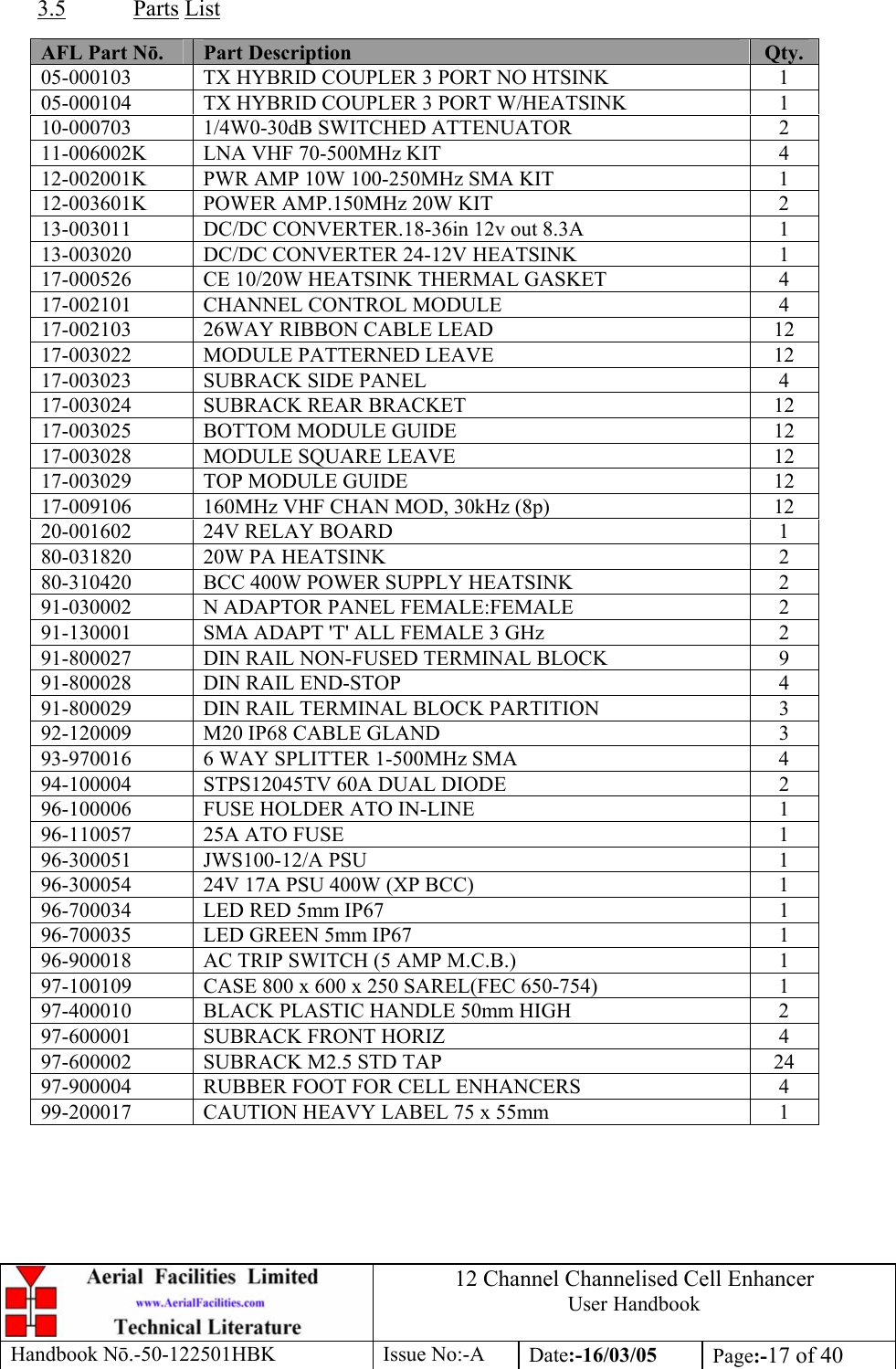 12 Channel Channelised Cell Enhancer User Handbook Handbook N.-50-122501HBK Issue No:-A Date:-16/03/05  Page:-17 of 40   3.5 Parts List  AFL Part Nō.  Part Description  Qty. 05-000103  TX HYBRID COUPLER 3 PORT NO HTSINK  1 05-000104  TX HYBRID COUPLER 3 PORT W/HEATSINK  1 10-000703  1/4W0-30dB SWITCHED ATTENUATOR  2 11-006002K  LNA VHF 70-500MHz KIT  4 12-002001K  PWR AMP 10W 100-250MHz SMA KIT  1 12-003601K  POWER AMP.150MHz 20W KIT  2 13-003011  DC/DC CONVERTER.18-36in 12v out 8.3A  1 13-003020  DC/DC CONVERTER 24-12V HEATSINK  1 17-000526  CE 10/20W HEATSINK THERMAL GASKET  4 17-002101  CHANNEL CONTROL MODULE  4 17-002103  26WAY RIBBON CABLE LEAD  12 17-003022  MODULE PATTERNED LEAVE  12 17-003023  SUBRACK SIDE PANEL  4 17-003024  SUBRACK REAR BRACKET  12 17-003025  BOTTOM MODULE GUIDE  12 17-003028  MODULE SQUARE LEAVE  12 17-003029  TOP MODULE GUIDE  12 17-009106  160MHz VHF CHAN MOD, 30kHz (8p)  12 20-001602  24V RELAY BOARD  1 80-031820  20W PA HEATSINK  2 80-310420  BCC 400W POWER SUPPLY HEATSINK  2 91-030002  N ADAPTOR PANEL FEMALE:FEMALE  2 91-130001  SMA ADAPT &apos;T&apos; ALL FEMALE 3 GHz  2 91-800027  DIN RAIL NON-FUSED TERMINAL BLOCK  9 91-800028  DIN RAIL END-STOP  4 91-800029  DIN RAIL TERMINAL BLOCK PARTITION  3 92-120009  M20 IP68 CABLE GLAND  3 93-970016  6 WAY SPLITTER 1-500MHz SMA  4 94-100004  STPS12045TV 60A DUAL DIODE  2 96-100006  FUSE HOLDER ATO IN-LINE  1 96-110057  25A ATO FUSE  1 96-300051 JWS100-12/A PSU  1 96-300054  24V 17A PSU 400W (XP BCC)  1 96-700034  LED RED 5mm IP67  1 96-700035  LED GREEN 5mm IP67  1 96-900018  AC TRIP SWITCH (5 AMP M.C.B.)  1 97-100109  CASE 800 x 600 x 250 SAREL(FEC 650-754)  1 97-400010  BLACK PLASTIC HANDLE 50mm HIGH  2 97-600001  SUBRACK FRONT HORIZ  4 97-600002  SUBRACK M2.5 STD TAP  24 97-900004  RUBBER FOOT FOR CELL ENHANCERS  4 99-200017  CAUTION HEAVY LABEL 75 x 55mm  1 