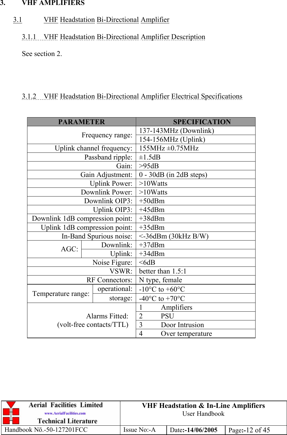 VHF Headstation &amp; In-Line Amplifiers User Handbook Handbook Nō.-50-127201FCC Issue No:-A Date:-14/06/2005  Page:-12 of 45   3. VHF AMPLIFIERS  3.1 VHF Headstation Bi-Directional Amplifier  3.1.1 VHF Headstation Bi-Directional Amplifier Description    See section 2.     3.1.2 VHF Headstation Bi-Directional Amplifier Electrical Specifications   PARAMETER  SPECIFICATION 137-143MHz (Downlink) Frequency range: 154-156MHz (Uplink) Uplink channel frequency: 155MHz ±0.75MHz Passband ripple: ±1.5dB Gain: &gt;95dB Gain Adjustment: 0 - 30dB (in 2dB steps) Uplink Power: &gt;10Watts Downlink Power: &gt;10Watts Downlink OIP3:  +50dBm  Uplink OIP3: +45dBm Downlink 1dB compression point: +38dBm Uplink 1dB compression point: +35dBm In-Band Spurious noise: &lt;-36dBm (30kHz B/W) Downlink: +37dBm AGC:  Uplink: +34dBm Noise Figure: &lt;6dB VSWR: better than 1.5:1 RF Connectors: N type, female operational: -10°C to +60°C Temperature range:  storage: -40°C to +70°C 1 Amplifiers 2 PSU 3 Door Intrusion Alarms Fitted: (volt-free contacts/TTL) 4 Over temperature   