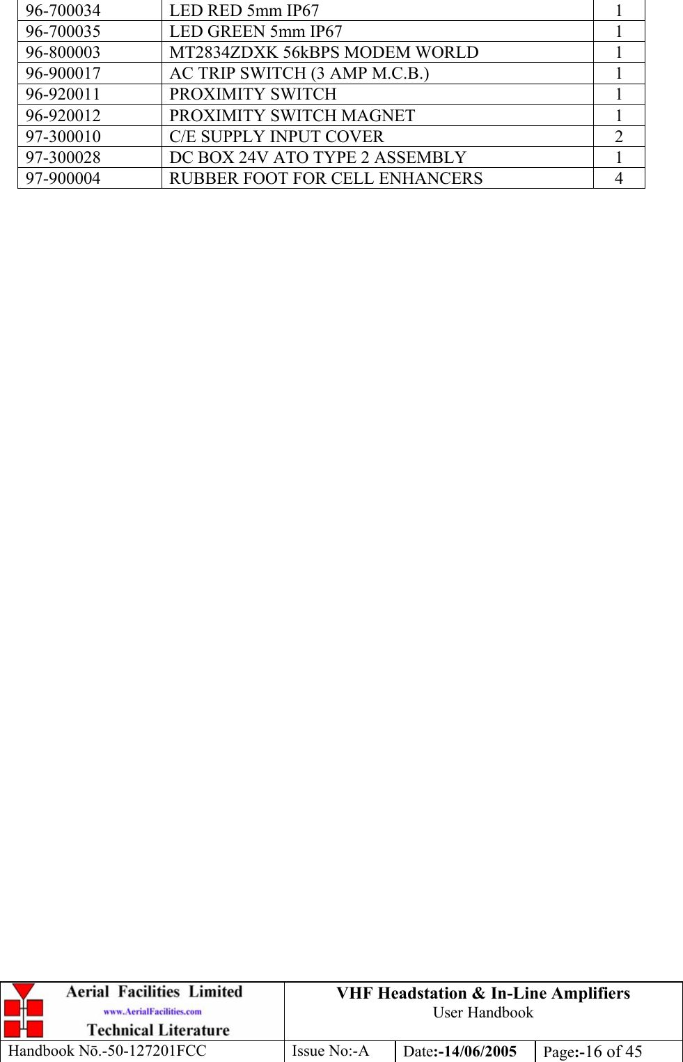 VHF Headstation &amp; In-Line Amplifiers User Handbook Handbook Nō.-50-127201FCC Issue No:-A Date:-14/06/2005  Page:-16 of 45  96-700034  LED RED 5mm IP67  1 96-700035  LED GREEN 5mm IP67  1 96-800003  MT2834ZDXK 56kBPS MODEM WORLD  1 96-900017  AC TRIP SWITCH (3 AMP M.C.B.)  1 96-920011 PROXIMITY SWITCH  1 96-920012  PROXIMITY SWITCH MAGNET  1 97-300010  C/E SUPPLY INPUT COVER  2 97-300028  DC BOX 24V ATO TYPE 2 ASSEMBLY  1 97-900004  RUBBER FOOT FOR CELL ENHANCERS  4  