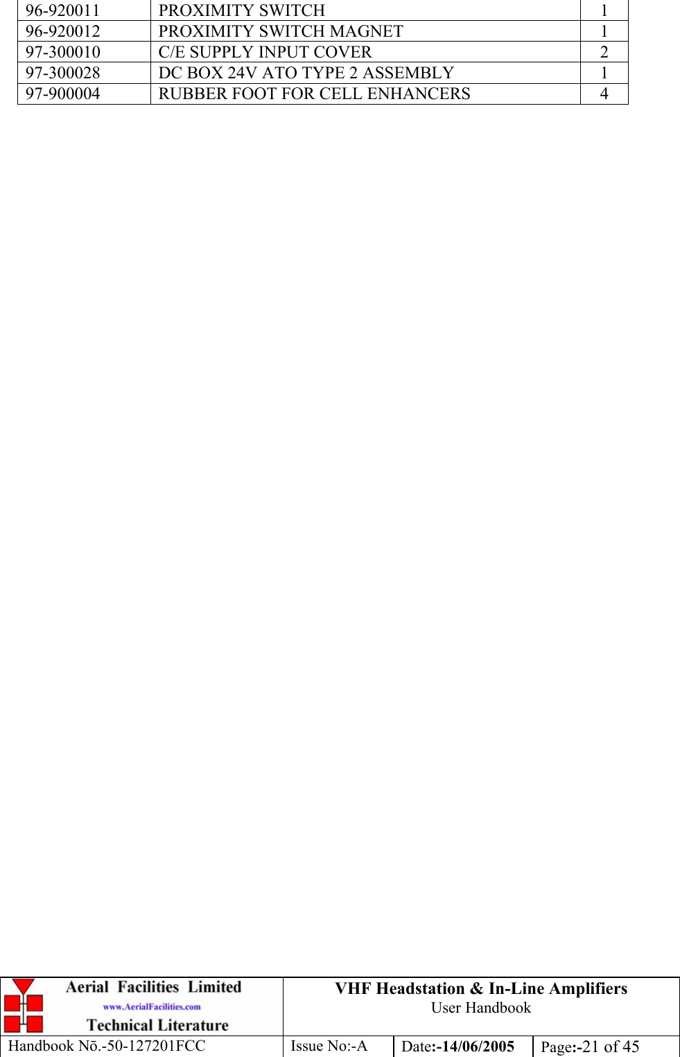 VHF Headstation &amp; In-Line Amplifiers User Handbook Handbook Nō.-50-127201FCC Issue No:-A Date:-14/06/2005  Page:-21 of 45  96-920011 PROXIMITY SWITCH  1 96-920012  PROXIMITY SWITCH MAGNET  1 97-300010  C/E SUPPLY INPUT COVER  2 97-300028  DC BOX 24V ATO TYPE 2 ASSEMBLY  1 97-900004  RUBBER FOOT FOR CELL ENHANCERS  4         