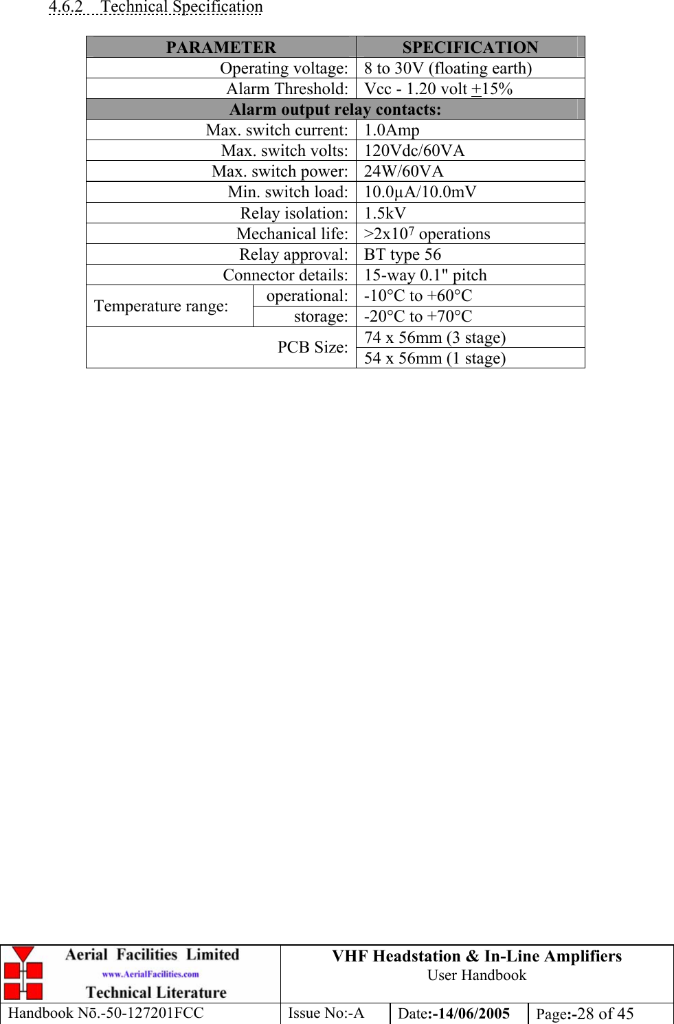 VHF Headstation &amp; In-Line Amplifiers User Handbook Handbook Nō.-50-127201FCC Issue No:-A Date:-14/06/2005  Page:-28 of 45   4.6.2 Technical Specification  PARAMETER  SPECIFICATION Operating voltage: 8 to 30V (floating earth) Alarm Threshold: Vcc - 1.20 volt +15% Alarm output relay contacts: Max. switch current: 1.0Amp Max. switch volts: 120Vdc/60VA Max. switch power: 24W/60VA Min. switch load: 10.0µA/10.0mV Relay isolation: 1.5kV Mechanical life: &gt;2x107 operations Relay approval: BT type 56 Connector details: 15-way 0.1&quot; pitch operational: -10°C to +60°C Temperature range:  storage: -20°C to +70°C 74 x 56mm (3 stage) PCB Size: 54 x 56mm (1 stage)  