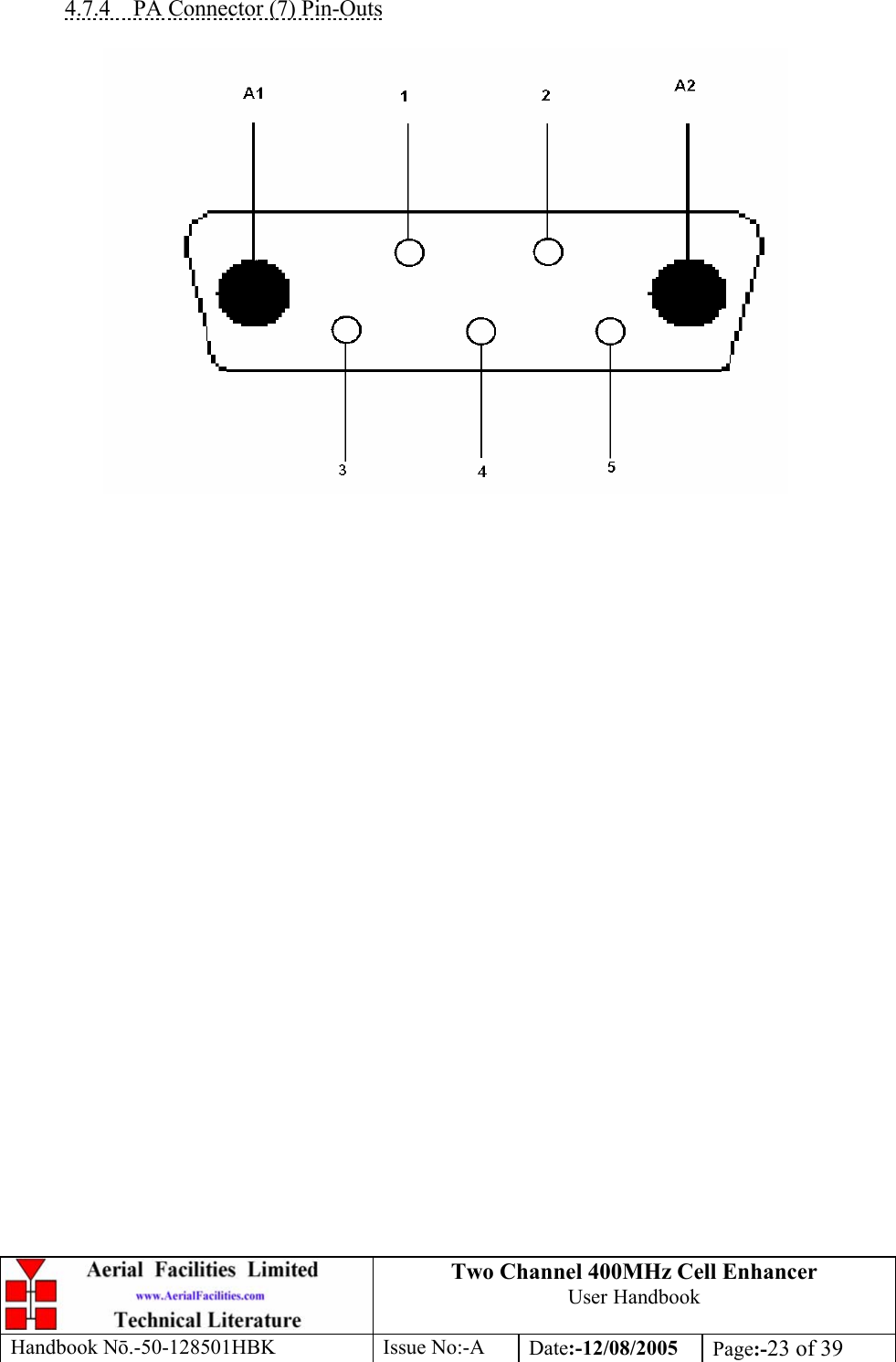 Two Channel 400MHz Cell Enhancer User Handbook Handbook N.-50-128501HBK Issue No:-A Date:-12/08/2005  Page:-23 of 39   4.7.4  PA Connector (7) Pin-Outs    