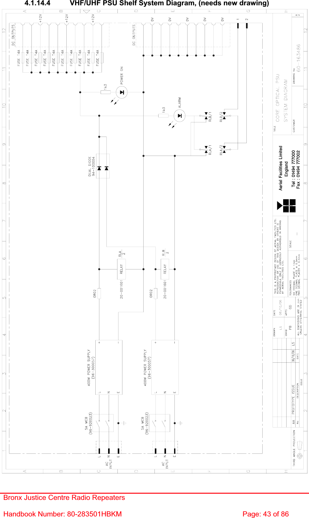 Bronx Justice Centre Radio Repeaters Handbook Number: 80-283501HBKM  Page: 43 of 86 4.1.14.4  VHF/UHF PSU Shelf System Diagram, (needs new drawing) 