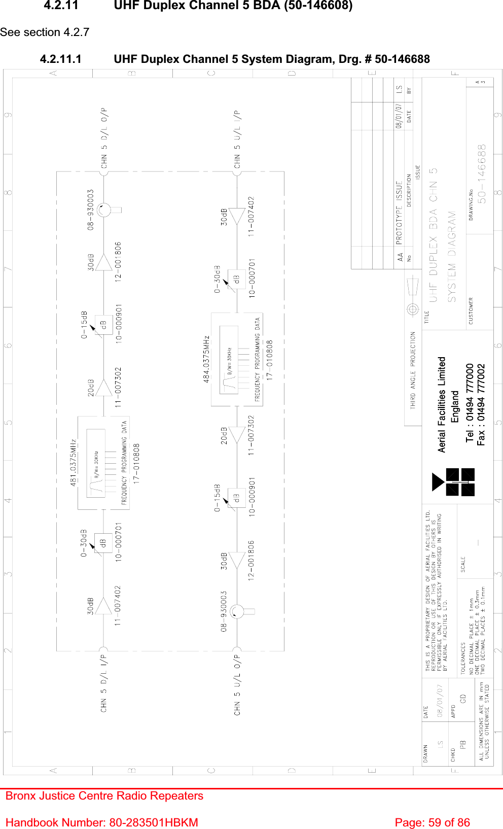 Bronx Justice Centre Radio Repeaters Handbook Number: 80-283501HBKM  Page: 59 of 86 4.2.11  UHF Duplex Channel 5 BDA (50-146608) See section 4.2.7 4.2.11.1  UHF Duplex Channel 5 System Diagram, Drg. # 50-146688 