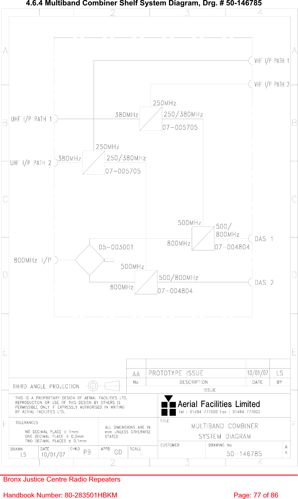 Bronx Justice Centre Radio Repeaters Handbook Number: 80-283501HBKM  Page: 77 of 86 4.6.4 Multiband Combiner Shelf System Diagram, Drg. # 50-146785 