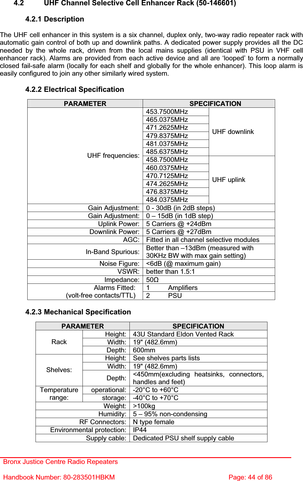 Bronx Justice Centre Radio Repeaters Handbook Number: 80-283501HBKM  Page: 44 of 86 4.2  UHF Channel Selective Cell Enhancer Rack (50-146601) 4.2.1 Description The UHF cell enhancer in this system is a six channel, duplex only, two-way radio repeater rack with automatic gain control of both up and downlink paths. A dedicated power supply provides all the DC needed by the whole rack, driven from the local mains supplies (identical with PSU in VHF cell enhancer rack). Alarms are provided from each active device and all are ‘looped’ to form a normally closed fail-safe alarm (locally for each shelf and globally for the whole enhancer). This loop alarm is easily configured to join any other similarly wired system. 4.2.2 Electrical Specification PARAMETER SPECIFICATION453.7500MHz465.0375MHz471.2625MHz479.8375MHz481.0375MHz485.6375MHzUHF downlink 458.7500MHz460.0375MHz470.7125MHz474.2625MHz476.8375MHzUHF frequencies:484.0375MHzUHF uplink Gain Adjustment: 0 - 30dB (in 2dB steps) Gain Adjustment: 0 – 15dB (in 1dB step) Uplink Power: 5 Carriers @ +24dBm Downlink Power: 5 Carriers @ +27dBm AGC: Fitted in all channel selective modules In-Band Spurious: Better than –13dBm (measured with 30KHz BW with max gain setting) Noise Figure: &lt;6dB (@ maximum gain) VSWR: better than 1.5:1 Impedance: 50ȍ1 Amplifiers Alarms Fitted: (volt-free contacts/TTL)  2 PSU 4.2.3 Mechanical Specification PARAMETER SPECIFICATIONHeight: 43U Standard Eldon Vented Rack Width: 19&quot; (482.6mm) RackDepth: 600mm Height: See shelves parts lists Width: 19&quot; (482.6mm) Shelves:Depth: &lt;450mm(excluding heatsinks, connectors, handles and feet) operational: -20°C to +60°C Temperaturerange: storage: -40°C to +70°C Weight: &gt;100kg Humidity: 5 – 95% non-condensing RF Connectors: N type female Environmental protection: IP44 Supply cable: Dedicated PSU shelf supply cable 