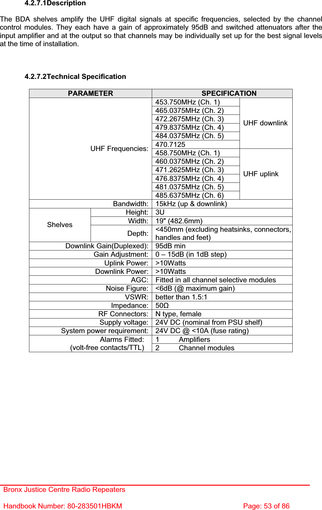 Bronx Justice Centre Radio Repeaters Handbook Number: 80-283501HBKM  Page: 53 of 86 4.2.7.1DescriptionThe BDA shelves amplify the UHF digital signals at specific frequencies, selected by the channel control modules. They each have a gain of approximately 95dB and switched attenuators after the input amplifier and at the output so that channels may be individually set up for the best signal levels at the time of installation. 4.2.7.2Technical Specification PARAMETER SPECIFICATION453.750MHz (Ch. 1) 465.0375MHz (Ch. 2) 472.2675MHz (Ch. 3) 479.8375MHz (Ch. 4) 484.0375MHz (Ch. 5) 470.7125UHF downlink 458.750MHz (Ch. 1) 460.0375MHz (Ch. 2) 471.2625MHz (Ch. 3) 476.8375MHz (Ch. 4) 481.0375MHz (Ch. 5) UHF Frequencies:485.6375MHz (Ch. 6) UHF uplink Bandwidth: 15kHz (up &amp; downlink) Height: 3U Width: 19&quot; (482.6mm) ShelvesDepth: &lt;450mm (excluding heatsinks, connectors, handles and feet) Downlink Gain(Duplexed): 95dB min Gain Adjustment: 0 – 15dB (in 1dB step) Uplink Power: &gt;10Watts Downlink Power: &gt;10Watts AGC: Fitted in all channel selective modules Noise Figure: &lt;6dB (@ maximum gain) VSWR: better than 1.5:1 Impedance: 50ȍRF Connectors: N type, female Supply voltage: 24V DC (nominal from PSU shelf) System power requirement: 24V DC @ &lt;10A (fuse rating) 1 Amplifiers Alarms Fitted: (volt-free contacts/TTL)  2 Channel modules 