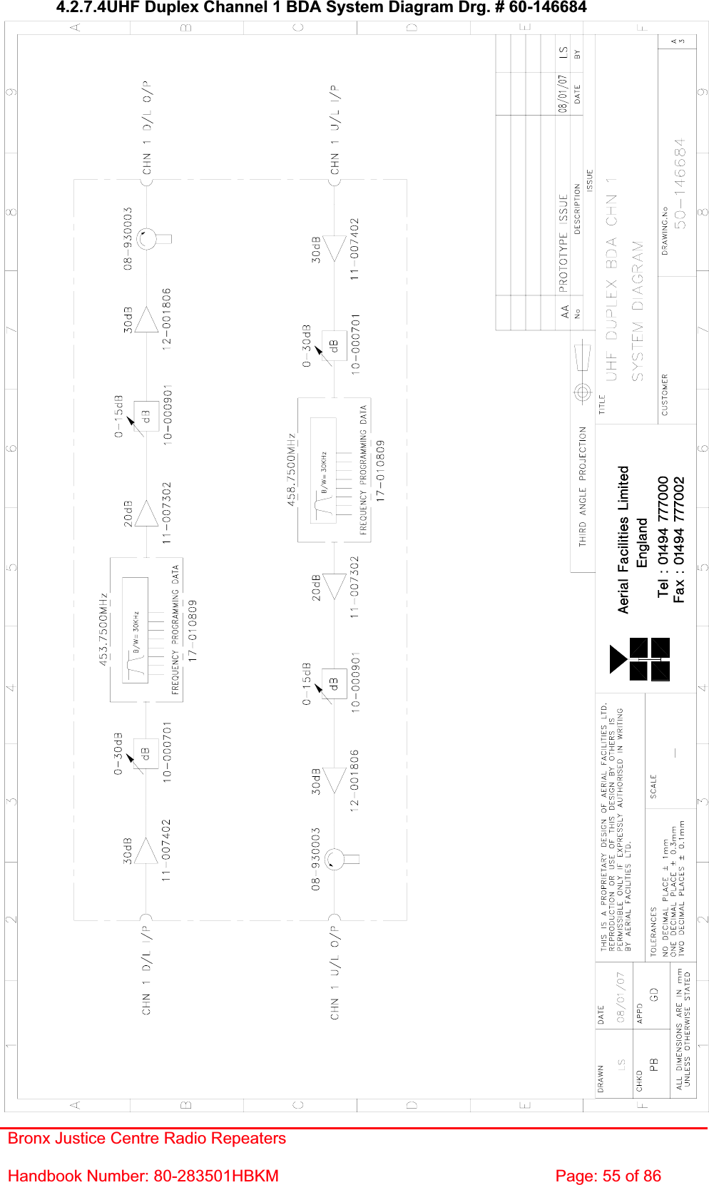 Bronx Justice Centre Radio Repeaters Handbook Number: 80-283501HBKM  Page: 55 of 86 4.2.7.4UHF Duplex Channel 1 BDA System Diagram Drg. # 60-146684 