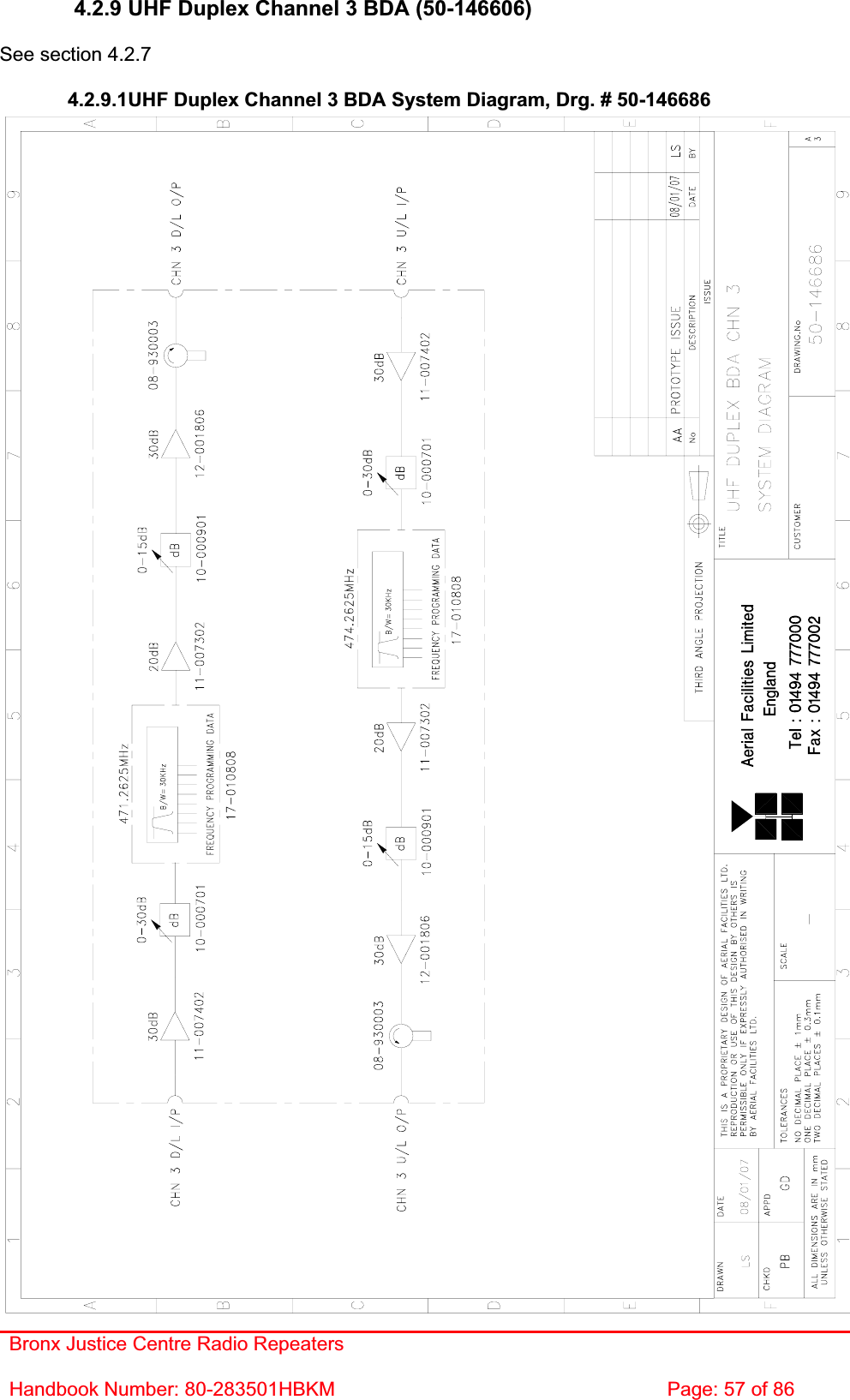 Bronx Justice Centre Radio Repeaters Handbook Number: 80-283501HBKM  Page: 57 of 86 4.2.9 UHF Duplex Channel 3 BDA (50-146606) See section 4.2.7 4.2.9.1UHF Duplex Channel 3 BDA System Diagram, Drg. # 50-146686 