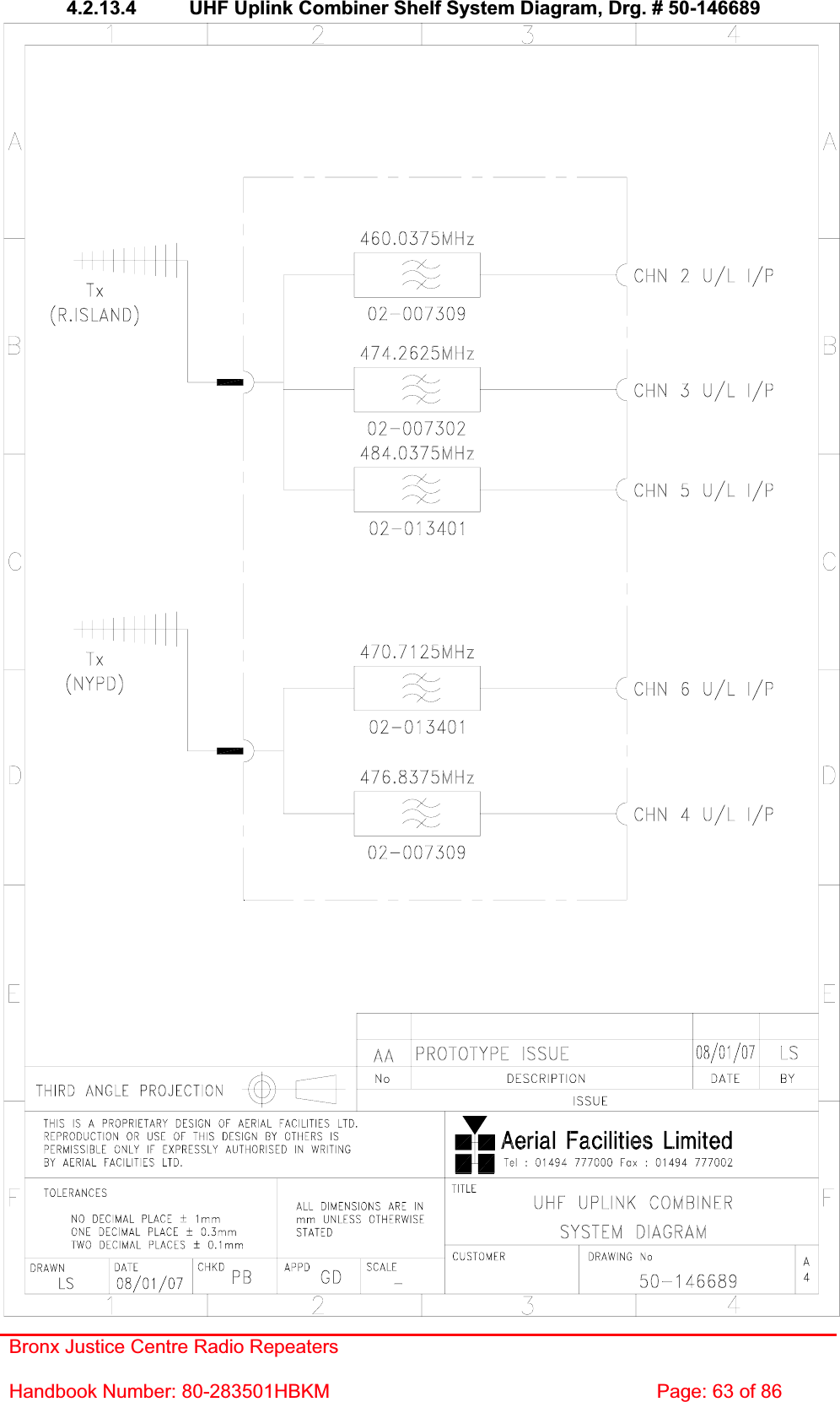 Bronx Justice Centre Radio Repeaters Handbook Number: 80-283501HBKM  Page: 63 of 86 4.2.13.4  UHF Uplink Combiner Shelf System Diagram, Drg. # 50-146689 