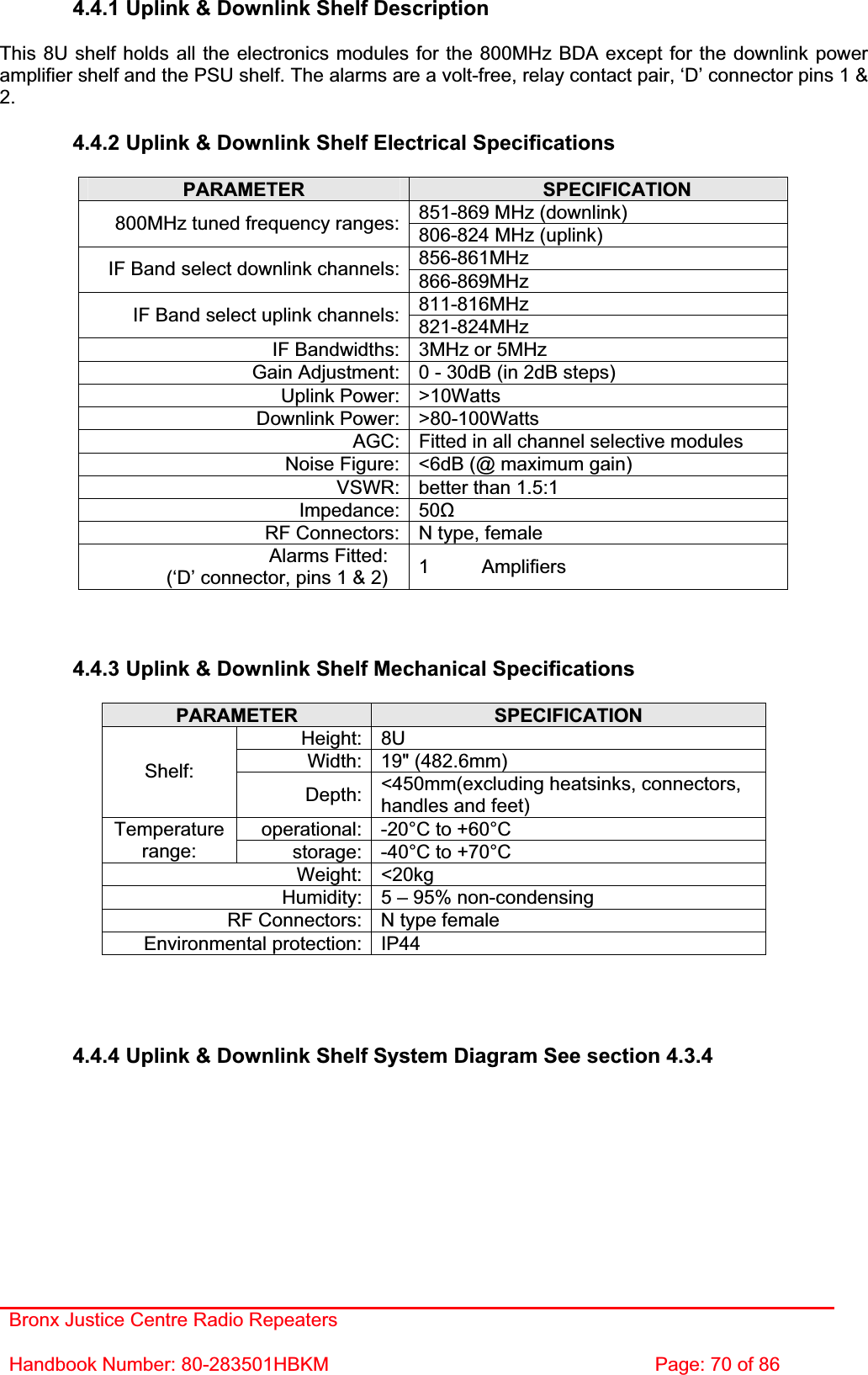 Bronx Justice Centre Radio Repeaters Handbook Number: 80-283501HBKM  Page: 70 of 86 4.4.1 Uplink &amp; Downlink Shelf Description This 8U shelf holds all the electronics modules for the 800MHz BDA except for the downlink power amplifier shelf and the PSU shelf. The alarms are a volt-free, relay contact pair, ‘D’ connector pins 1 &amp; 2.4.4.2 Uplink &amp; Downlink Shelf Electrical Specifications PARAMETER SPECIFICATION851-869 MHz (downlink) 800MHz tuned frequency ranges: 806-824 MHz (uplink) 856-861MHzIF Band select downlink channels: 866-869MHz811-816MHzIF Band select uplink channels: 821-824MHzIF Bandwidths: 3MHz or 5MHz Gain Adjustment: 0 - 30dB (in 2dB steps) Uplink Power: &gt;10Watts Downlink Power: &gt;80-100Watts AGC: Fitted in all channel selective modules Noise Figure: &lt;6dB (@ maximum gain) VSWR: better than 1.5:1 Impedance: 50ȍRF Connectors: N type, female Alarms Fitted: (‘D’ connector, pins 1 &amp; 2)  1 Amplifiers 4.4.3 Uplink &amp; Downlink Shelf Mechanical Specifications PARAMETER SPECIFICATIONHeight: 8U Width: 19&quot; (482.6mm) Shelf:Depth: &lt;450mm(excluding heatsinks, connectors, handles and feet) operational: -20°C to +60°C Temperaturerange: storage: -40°C to +70°C Weight: &lt;20kg Humidity: 5 – 95% non-condensing RF Connectors: N type female Environmental protection: IP44 4.4.4 Uplink &amp; Downlink Shelf System Diagram See section 4.3.4 