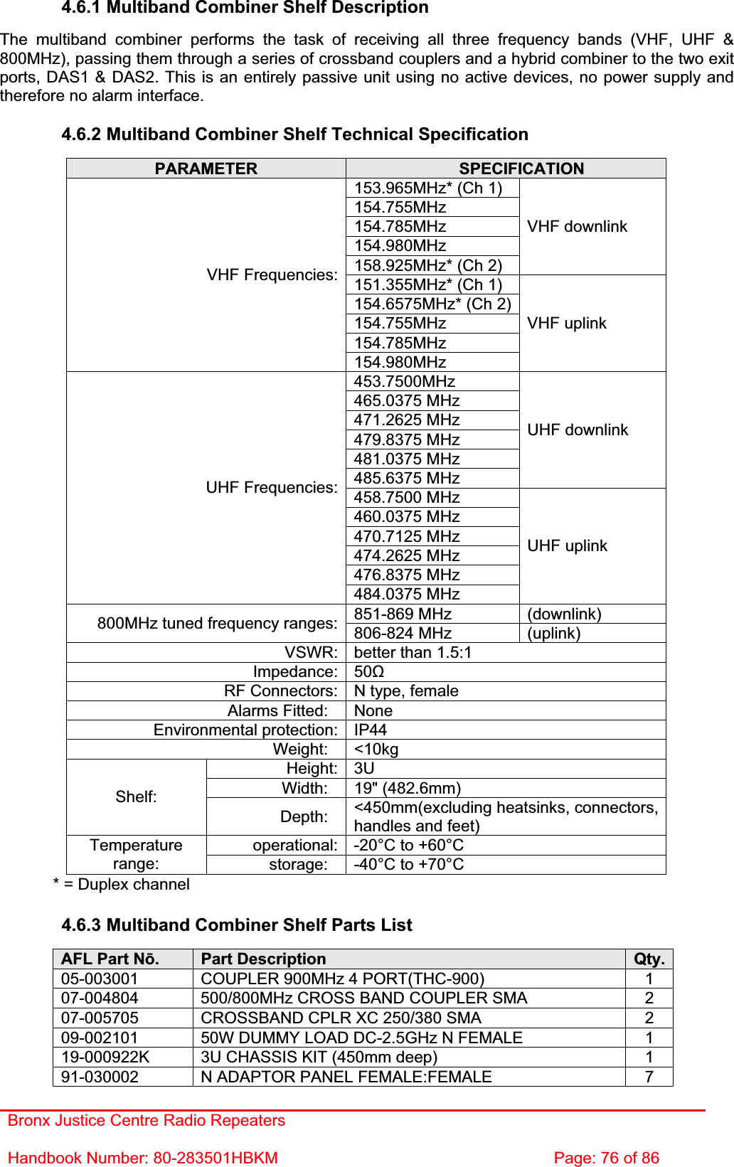 Bronx Justice Centre Radio Repeaters Handbook Number: 80-283501HBKM  Page: 76 of 86 4.6.1 Multiband Combiner Shelf Description The multiband combiner performs the task of receiving all three frequency bands (VHF, UHF &amp; 800MHz), passing them through a series of crossband couplers and a hybrid combiner to the two exit ports, DAS1 &amp; DAS2. This is an entirely passive unit using no active devices, no power supply and therefore no alarm interface. 4.6.2 Multiband Combiner Shelf Technical Specification PARAMETER SPECIFICATION153.965MHz* (Ch 1) 154.755MHz154.785MHz154.980MHz158.925MHz* (Ch 2) VHF downlink 151.355MHz* (Ch 1) 154.6575MHz* (Ch 2)154.755MHz154.785MHzVHF Frequencies:154.980MHzVHF uplink 453.7500MHz465.0375 MHz 471.2625 MHz 479.8375 MHz 481.0375 MHz 485.6375 MHz UHF downlink 458.7500 MHz 460.0375 MHz 470.7125 MHz 474.2625 MHz 476.8375 MHz UHF Frequencies:484.0375 MHz UHF uplink 851-869 MHz   (downlink) 800MHz tuned frequency ranges: 806-824 MHz  (uplink) VSWR: better than 1.5:1 Impedance: 50ȍRF Connectors: N type, female Alarms Fitted:  None Environmental protection: IP44 Weight: &lt;10kg Height: 3U Width: 19&quot; (482.6mm) Shelf:Depth: &lt;450mm(excluding heatsinks, connectors, handles and feet) operational: -20°C to +60°C Temperaturerange: storage:  -40°C to +70°C   * = Duplex channel 4.6.3 Multiband Combiner Shelf Parts List AFL Part Nǀ.Part Description  Qty.05-003001  COUPLER 900MHz 4 PORT(THC-900)  1 07-004804  500/800MHz CROSS BAND COUPLER SMA  2 07-005705  CROSSBAND CPLR XC 250/380 SMA  2 09-002101  50W DUMMY LOAD DC-2.5GHz N FEMALE  1 19-000922K  3U CHASSIS KIT (450mm deep)  1 91-030002  N ADAPTOR PANEL FEMALE:FEMALE  7 