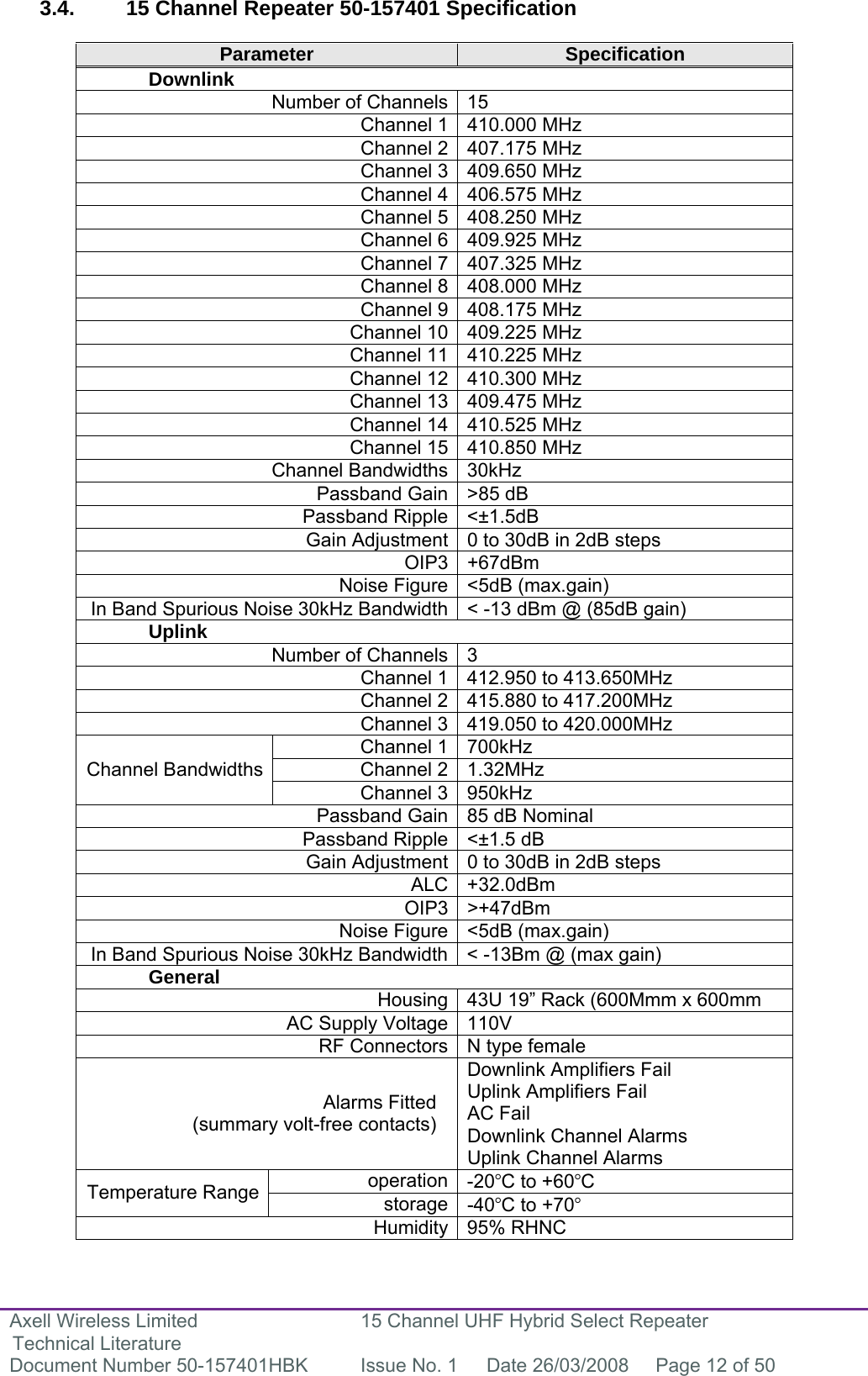 Axell Wireless Limited Technical Literature 15 Channel UHF Hybrid Select Repeater Document Number 50-157401HBK  Issue No. 1  Date 26/03/2008  Page 12 of 50   3.4.  15 Channel Repeater 50-157401 Specification  Parameter  Specification  Downlink Number of Channels 15 Channel 1 410.000 MHz Channel 2 407.175 MHz Channel 3 409.650 MHz Channel 4 406.575 MHz Channel 5 408.250 MHz Channel 6 409.925 MHz Channel 7 407.325 MHz Channel 8 408.000 MHz Channel 9 408.175 MHz Channel 10 409.225 MHz Channel 11 410.225 MHz Channel 12 410.300 MHz Channel 13 409.475 MHz Channel 14 410.525 MHz Channel 15 410.850 MHz Channel Bandwidths 30kHz Passband Gain &gt;85 dB Passband Ripple &lt;±1.5dB Gain Adjustment 0 to 30dB in 2dB steps OIP3 +67dBm Noise Figure &lt;5dB (max.gain) In Band Spurious Noise 30kHz Bandwidth &lt; -13 dBm @ (85dB gain)  Uplink Number of Channels 3 Channel 1 412.950 to 413.650MHz Channel 2 415.880 to 417.200MHz Channel 3 419.050 to 420.000MHz Channel 1 700kHz Channel 2 1.32MHz Channel Bandwidths Channel 3 950kHz Passband Gain  85 dB Nominal Passband Ripple &lt;±1.5 dB Gain Adjustment 0 to 30dB in 2dB steps ALC +32.0dBm  OIP3 &gt;+47dBm  Noise Figure &lt;5dB (max.gain) In Band Spurious Noise 30kHz Bandwidth &lt; -13Bm @ (max gain)  General Housing 43U 19” Rack (600Mmm x 600mm AC Supply Voltage 110V RF Connectors N type female Alarms Fitted (summary volt-free contacts) Downlink Amplifiers Fail Uplink Amplifiers Fail AC Fail Downlink Channel Alarms Uplink Channel Alarms operation -20°C to +60°C Temperature Range  storage -40°C to +70° Humidity 95% RHNC  