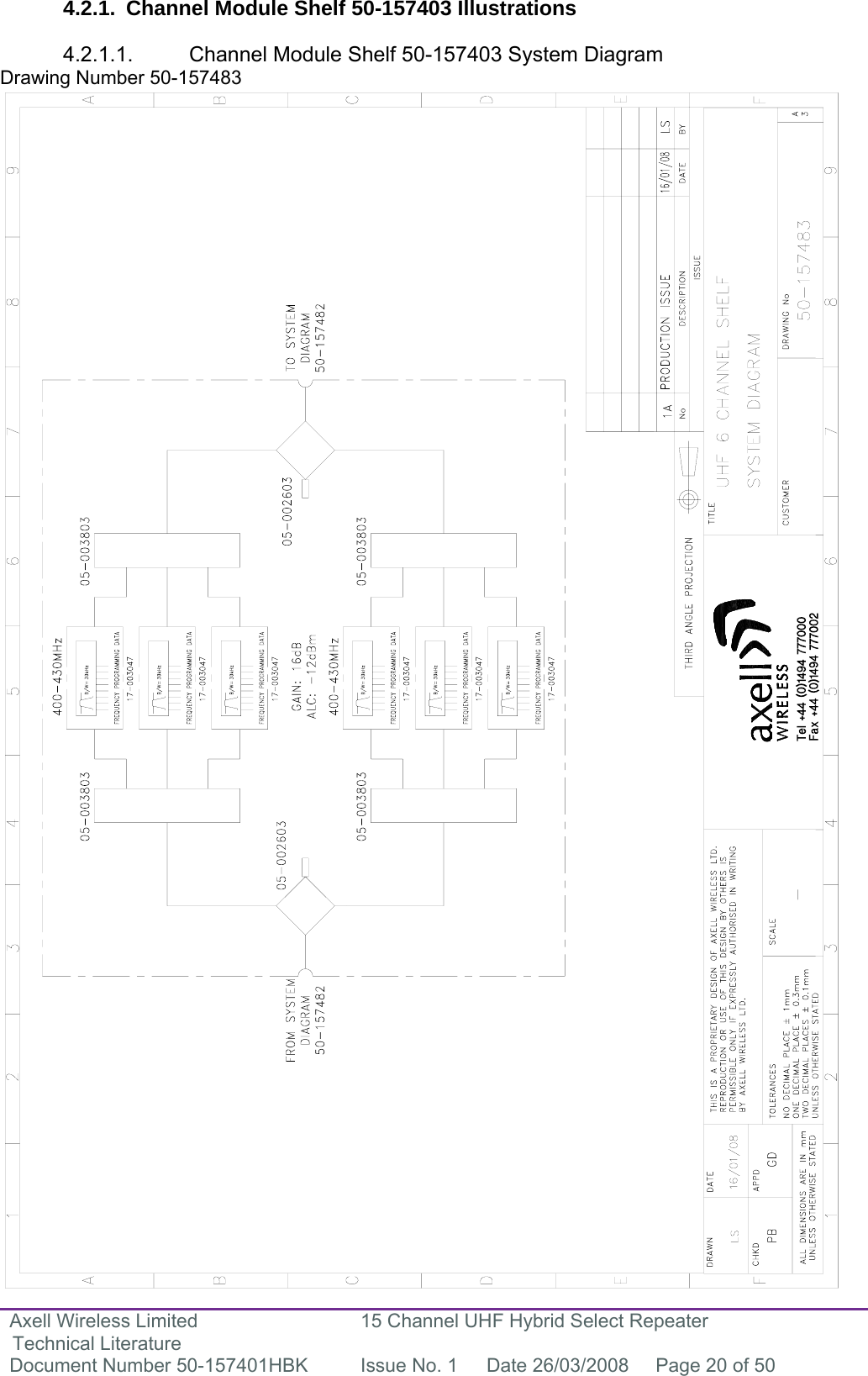 Axell Wireless Limited Technical Literature 15 Channel UHF Hybrid Select Repeater Document Number 50-157401HBK  Issue No. 1  Date 26/03/2008  Page 20 of 50   4.2.1.  Channel Module Shelf 50-157403 Illustrations  4.2.1.1.  Channel Module Shelf 50-157403 System Diagram Drawing Number 50-157483                                                        