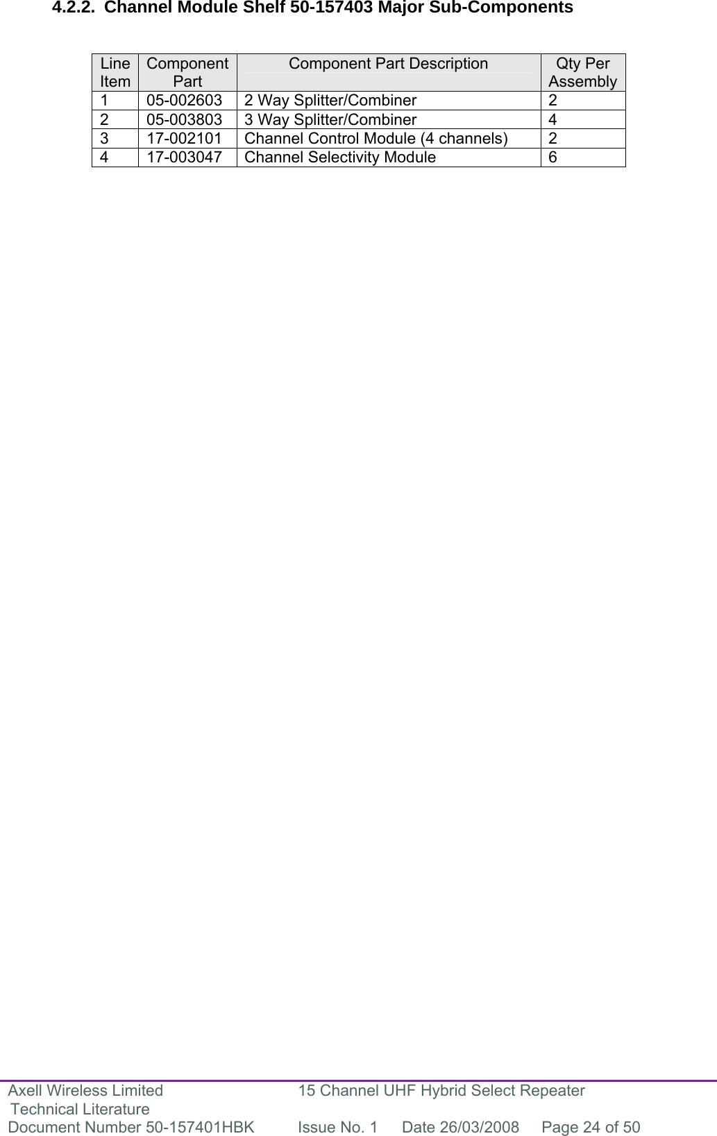 Axell Wireless Limited Technical Literature 15 Channel UHF Hybrid Select Repeater Document Number 50-157401HBK  Issue No. 1  Date 26/03/2008  Page 24 of 50   4.2.2.  Channel Module Shelf 50-157403 Major Sub-Components   Line Item Component Part Component Part Description  Qty Per Assembly 1  05-002603  2 Way Splitter/Combiner  2 2  05-003803  3 Way Splitter/Combiner  4 3  17-002101  Channel Control Module (4 channels)  2 4  17-003047  Channel Selectivity Module  6            