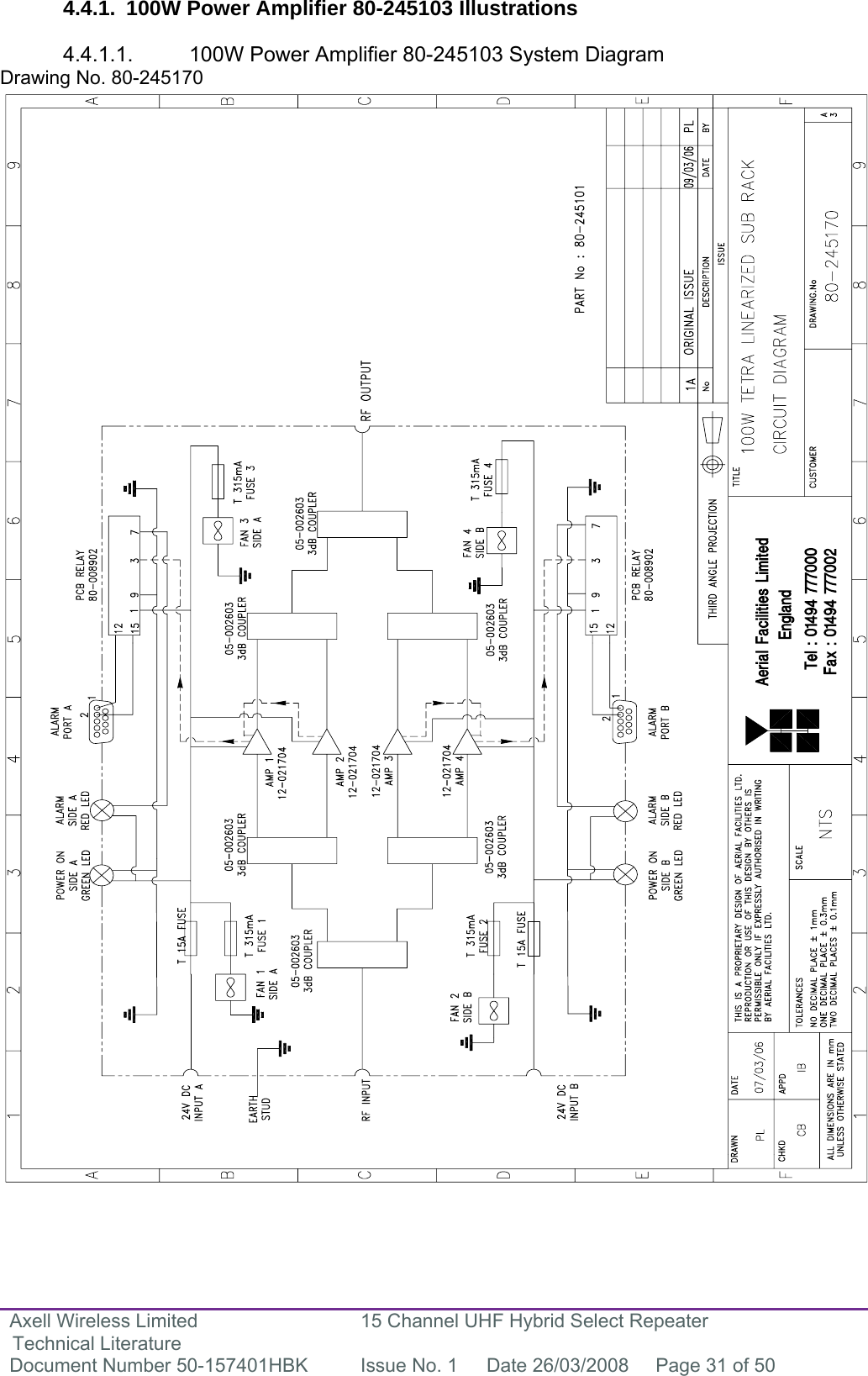 Axell Wireless Limited Technical Literature 15 Channel UHF Hybrid Select Repeater Document Number 50-157401HBK  Issue No. 1  Date 26/03/2008  Page 31 of 50   4.4.1.  100W Power Amplifier 80-245103 Illustrations  4.4.1.1.  100W Power Amplifier 80-245103 System Diagram Drawing No. 80-245170                                                      