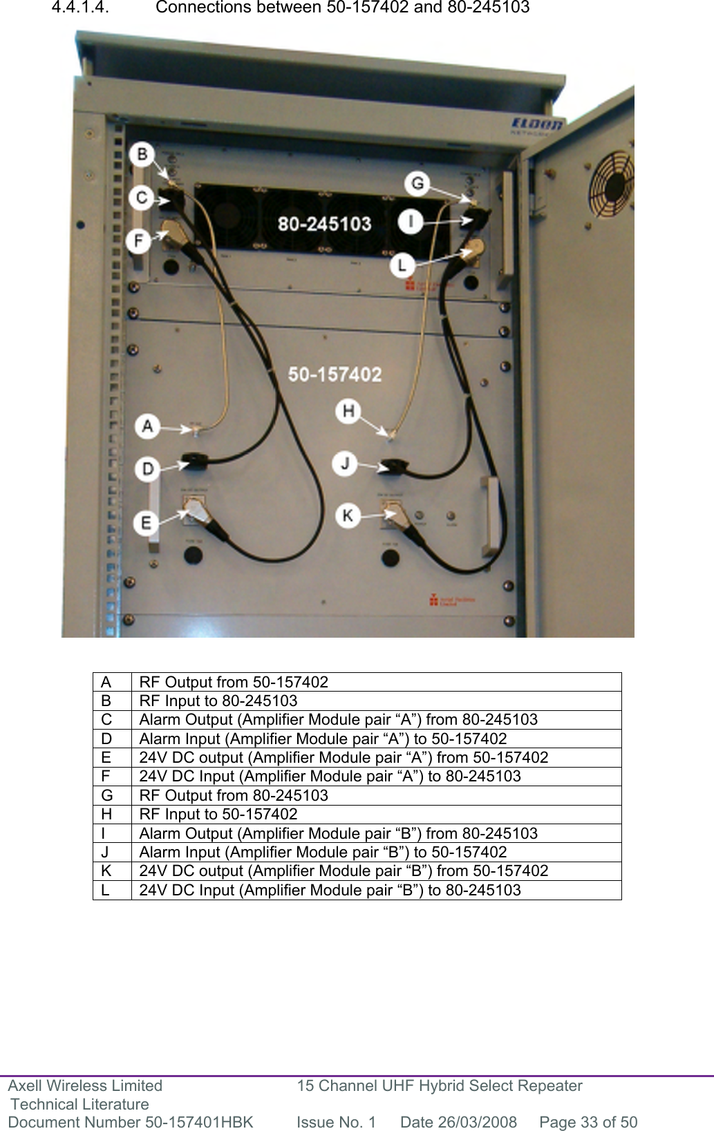 Axell Wireless Limited Technical Literature 15 Channel UHF Hybrid Select Repeater Document Number 50-157401HBK  Issue No. 1  Date 26/03/2008  Page 33 of 50   4.4.1.4. Connections between 50-157402 and 80-245103                                     A  RF Output from 50-157402 B  RF Input to 80-245103 C  Alarm Output (Amplifier Module pair “A”) from 80-245103 D  Alarm Input (Amplifier Module pair “A”) to 50-157402 E  24V DC output (Amplifier Module pair “A”) from 50-157402 F  24V DC Input (Amplifier Module pair “A”) to 80-245103 G  RF Output from 80-245103 H  RF Input to 50-157402 I  Alarm Output (Amplifier Module pair “B”) from 80-245103 J  Alarm Input (Amplifier Module pair “B”) to 50-157402 K  24V DC output (Amplifier Module pair “B”) from 50-157402 L  24V DC Input (Amplifier Module pair “B”) to 80-245103       