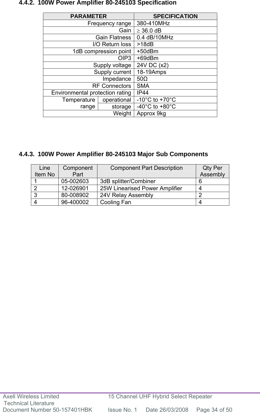 Axell Wireless Limited Technical Literature 15 Channel UHF Hybrid Select Repeater Document Number 50-157401HBK  Issue No. 1  Date 26/03/2008  Page 34 of 50   4.4.2.  100W Power Amplifier 80-245103 Specification  PARAMETER  SPECIFICATION Frequency range 380-410MHz  Gain ≥ 36.0 dB Gain Flatness 0.4 dB/10MHz I/O Return loss &gt;18dB 1dB compression point +50dBm OIP3 +69dBm Supply voltage 24V DC (x2) Supply current 18-19Amps Impedance 50 RF Connectors SMA Environmental protection rating IP44 operational -10°C to +70°C Temperature range  storage -40°C to +80°C Weight Approx 9kg      4.4.3.  100W Power Amplifier 80-245103 Major Sub Components  Line Item No Component Part Component Part Description  Qty Per Assembly 1 05-002603 3dB splitter/Combiner  6 2  12-026901  25W Linearised Power Amplifier  4 3  80-008902  24V Relay Assembly  2 4 96-400002 Cooling Fan  4         