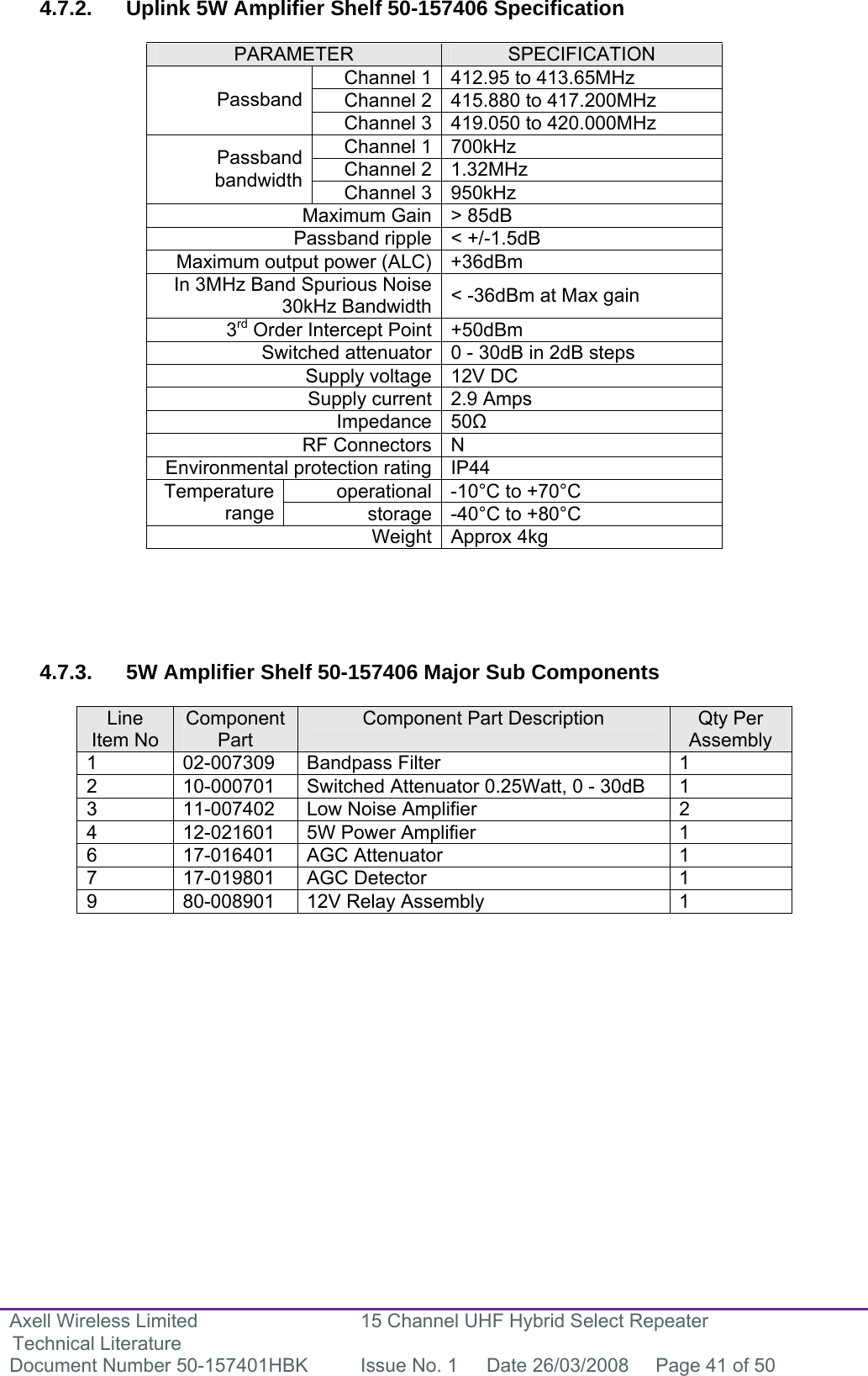 Axell Wireless Limited Technical Literature 15 Channel UHF Hybrid Select Repeater Document Number 50-157401HBK  Issue No. 1  Date 26/03/2008  Page 41 of 50   4.7.2. Uplink 5W Amplifier Shelf 50-157406 Specification  PARAMETER  SPECIFICATION Channel 1 412.95 to 413.65MHz Channel 2 415.880 to 417.200MHz Passband Channel 3 419.050 to 420.000MHz Channel 1 700kHz Channel 2 1.32MHz Passband bandwidth  Channel 3 950kHz Maximum Gain  &gt; 85dB Passband ripple &lt; +/-1.5dB Maximum output power (ALC) +36dBm In 3MHz Band Spurious Noise30kHz Bandwidth  &lt; -36dBm at Max gain 3rd Order Intercept Point +50dBm Switched attenuator 0 - 30dB in 2dB steps Supply voltage 12V DC Supply current 2.9 Amps Impedance 50 RF Connectors N Environmental protection rating IP44 operational -10°C to +70°C Temperature range  storage -40°C to +80°C Weight Approx 4kg      4.7.3.  5W Amplifier Shelf 50-157406 Major Sub Components  Line Item No Component Part Component Part Description  Qty Per Assembly 1 02-007309 Bandpass Filter  1 2  10-000701  Switched Attenuator 0.25Watt, 0 - 30dB  1 3  11-007402  Low Noise Amplifier  2 4  12-021601  5W Power Amplifier  1 6 17-016401 AGC Attenuator  1 7 17-019801 AGC Detector  1 9  80-008901  12V Relay Assembly  1                 