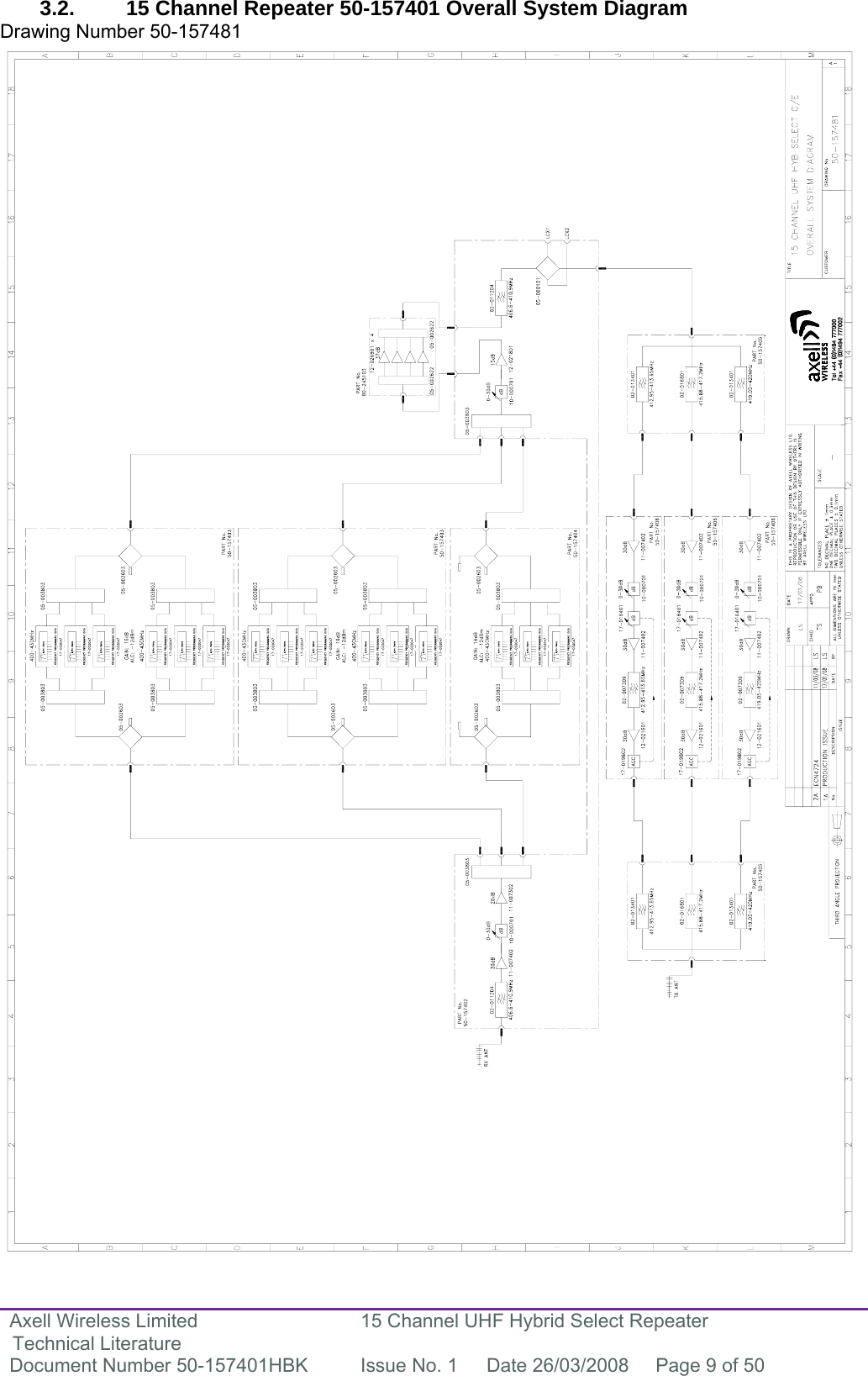 Axell Wireless Limited Technical Literature 15 Channel UHF Hybrid Select Repeater Document Number 50-157401HBK  Issue No. 1  Date 26/03/2008  Page 9 of 50   3.2.  15 Channel Repeater 50-157401 Overall System Diagram Drawing Number 50-157481                                                        