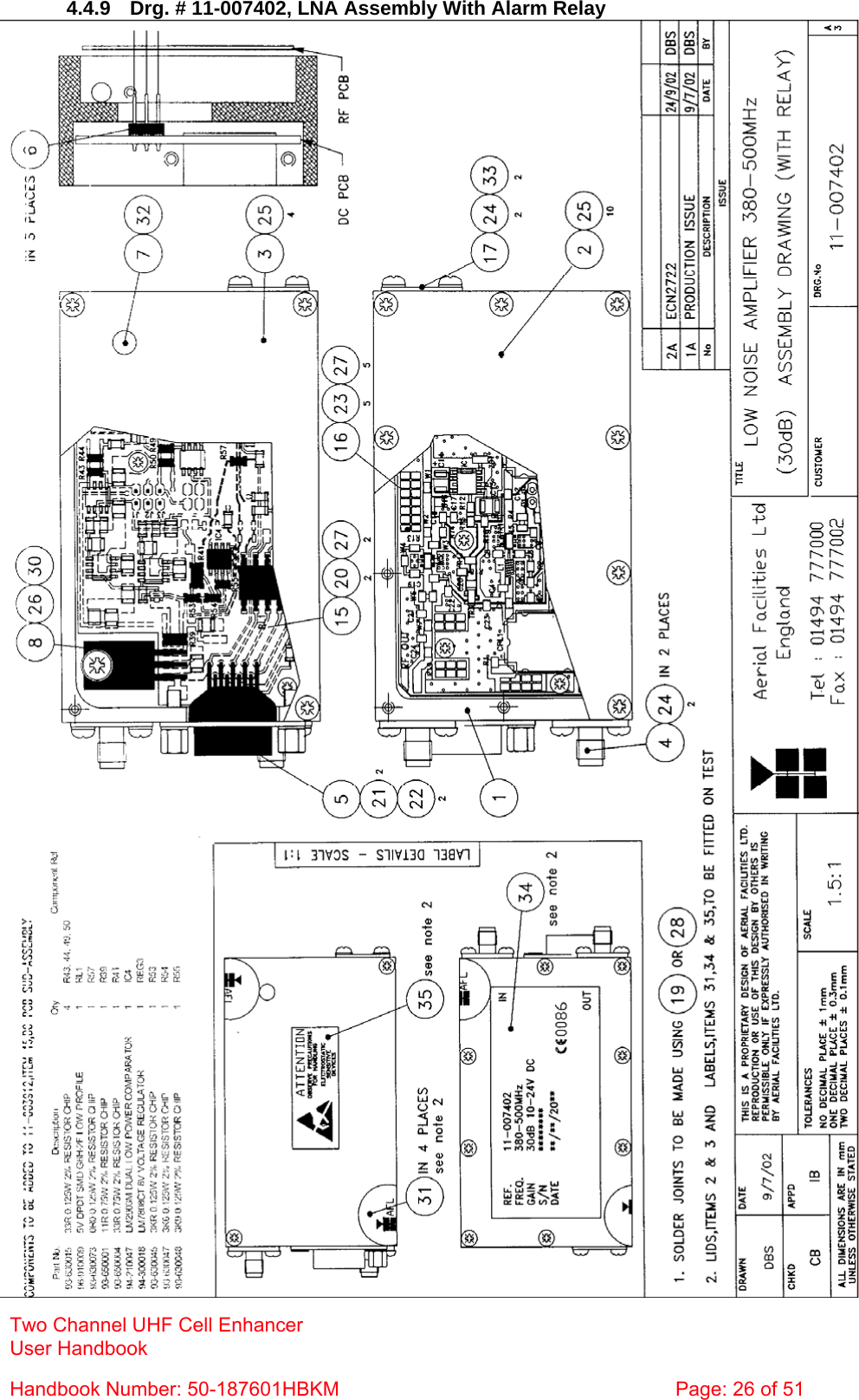  4.4.9  Drg. # 11-007402, LNA Assembly With Alarm Relay  Two Channel UHF Cell Enhancer User Handbook Handbook Number: 50-187601HBKM  Page: 26 of 51  