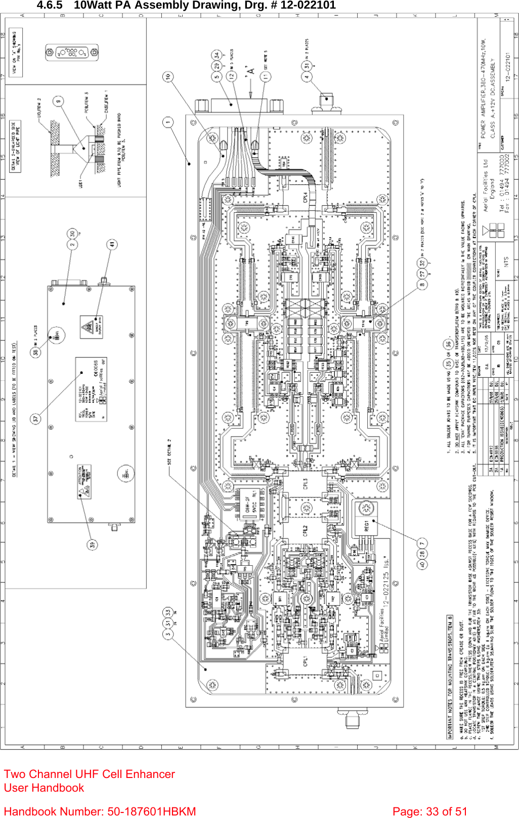  4.6.5  10Watt PA Assembly Drawing, Drg. # 12-022101  Two Channel UHF Cell Enhancer User Handbook Handbook Number: 50-187601HBKM  Page: 33 of 51  