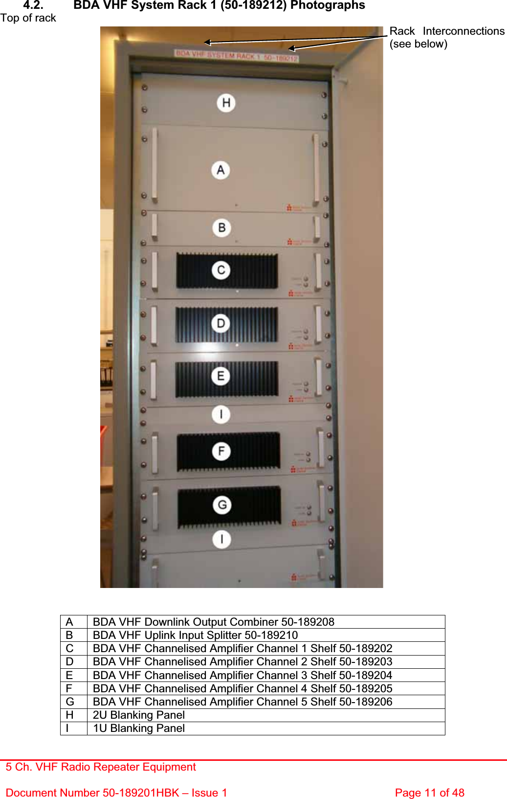 5 Ch. VHF Radio Repeater EquipmentDocument Number 50-189201HBK – Issue 1  Page 11 of 48 4.2.  BDA VHF System Rack 1 (50-189212) PhotographsTop of rack Rack Interconnections (see below) A  BDA VHF Downlink Output Combiner 50-189208 B  BDA VHF Uplink Input Splitter 50-189210 C  BDA VHF Channelised Amplifier Channel 1 Shelf 50-189202 D  BDA VHF Channelised Amplifier Channel 2 Shelf 50-189203 E  BDA VHF Channelised Amplifier Channel 3 Shelf 50-189204 F  BDA VHF Channelised Amplifier Channel 4 Shelf 50-189205 G  BDA VHF Channelised Amplifier Channel 5 Shelf 50-189206 H  2U Blanking Panel I  1U Blanking Panel 