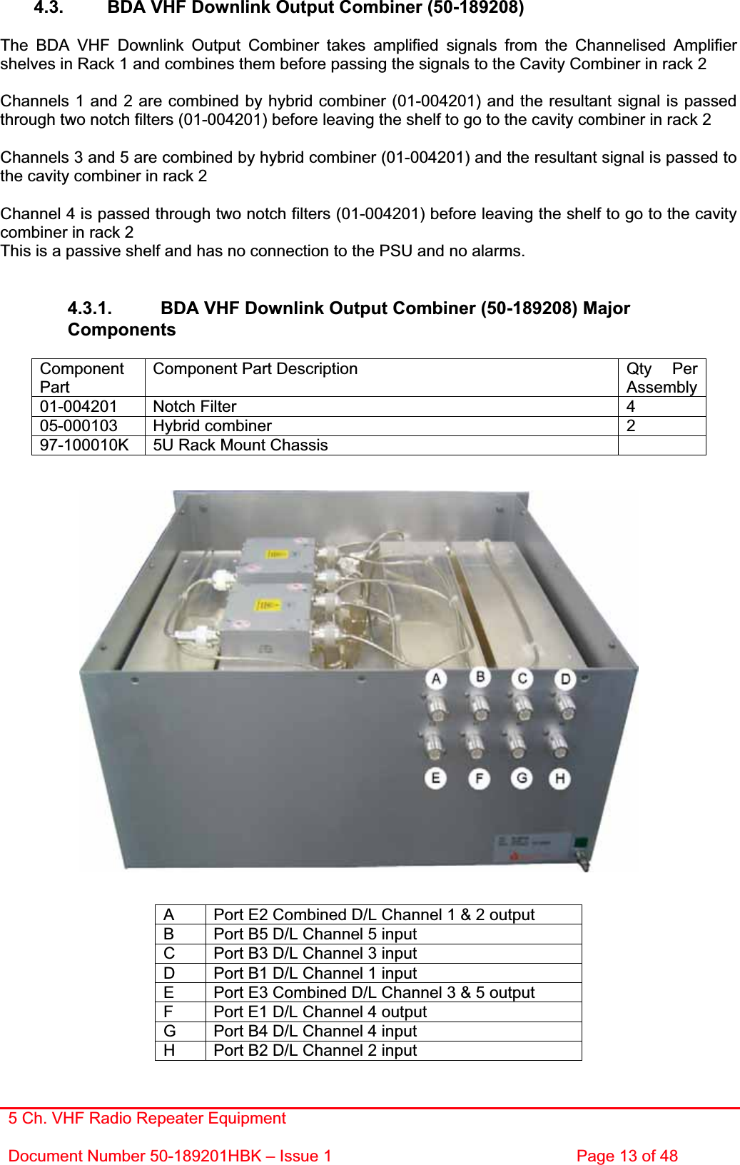 5 Ch. VHF Radio Repeater EquipmentDocument Number 50-189201HBK – Issue 1  Page 13 of 48 4.3.  BDA VHF Downlink Output Combiner (50-189208) The BDA VHF Downlink Output Combiner takes amplified signals from the Channelised Amplifier shelves in Rack 1 and combines them before passing the signals to the Cavity Combiner in rack 2 Channels 1 and 2 are combined by hybrid combiner (01-004201) and the resultant signal is passed through two notch filters (01-004201) before leaving the shelf to go to the cavity combiner in rack 2 Channels 3 and 5 are combined by hybrid combiner (01-004201) and the resultant signal is passed to the cavity combiner in rack 2 Channel 4 is passed through two notch filters (01-004201) before leaving the shelf to go to the cavity combiner in rack 2 This is a passive shelf and has no connection to the PSU and no alarms. 4.3.1.  BDA VHF Downlink Output Combiner (50-189208) Major ComponentsComponentPartComponent Part Description  Qty  Per Assembly01-004201  Notch Filter   4 05-000103  Hybrid combiner   2 97-100010K  5U Rack Mount Chassis   A  Port E2 Combined D/L Channel 1 &amp; 2 output B  Port B5 D/L Channel 5 input C  Port B3 D/L Channel 3 input D  Port B1 D/L Channel 1 input E  Port E3 Combined D/L Channel 3 &amp; 5 output F  Port E1 D/L Channel 4 output G  Port B4 D/L Channel 4 input H  Port B2 D/L Channel 2 input 